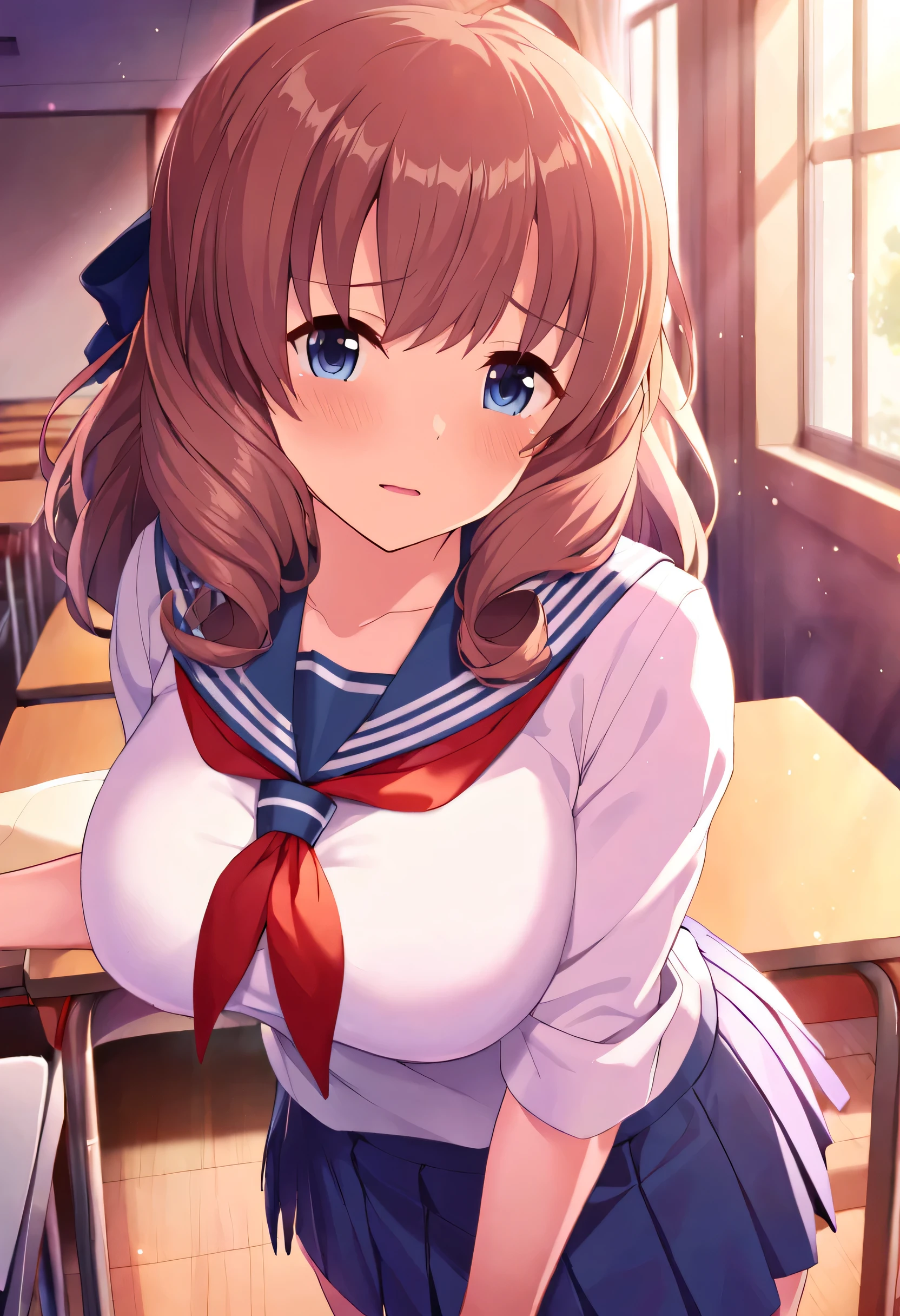 (throw_hand, pink vibrator remote switch in throw_hand, throw:1.2), highest quality, Super detailed, masterpiece, Ultra-high resolution, 8k, Ridiculous, Cowboy Shooting, Blurred, One girl, Focus on the girl, Embarrassing, blush, Lovely, With tears in her eyes and her mouth open, What saliva leaves behind, Wet skirt hem, (Sticky panties:1.1), (Light blue striped underwear), Bulging of the vibrator cord, Vibrator with Garters, [1girl, daiwa scarlet \(umamusume\), umamusume], (medium breasts), (school uniform), (cleavage), Sit on a chair, Classroom Background, (black stockings), (Thighs), (Waistline)