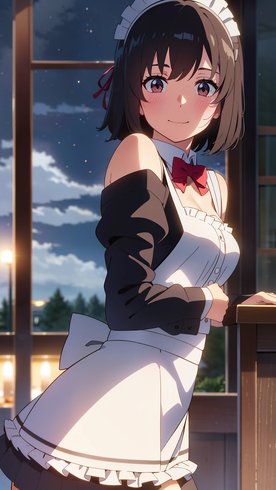 shinkai makoto, kimi no na wa., 1girl, bangs, black hair, short hair, blush, brown eyes, looking at the viewer, ((girl wear maid dress, Off-the-shoulders, short dress, short skirt, maid headdress)), red bow, red ribbon, smile, cute, happy, fun, joyful, school, outdoors, night, night sky, cloudy, dynamic lights, upper body