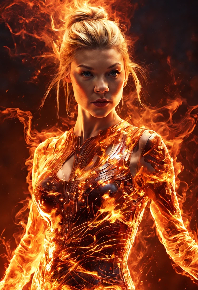 realistic photo, masterpieces, (ohwx woman), Natalie Dormer, Composed of fire elements, beautiful postures,transparency,Sci-fi light effects,(Light-emitting circuit board:1.6),a sexy flaming skirt, Flame skin,Flame print, on fire, fire elemental, fire magic, raw photo, imervive dark background, contrast between the burning figure and the dark background