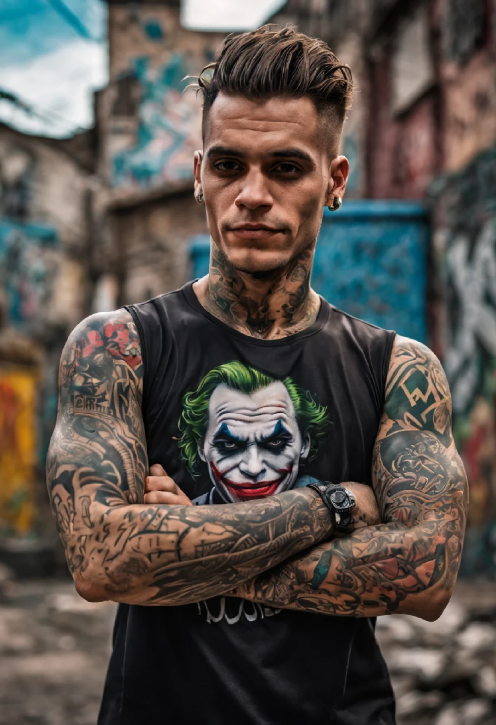 create a realistic photo,Joker with black shirt, detail on the shirt, letter B, white graffiti style, tattooed arms, favela, photo taken in high resolution