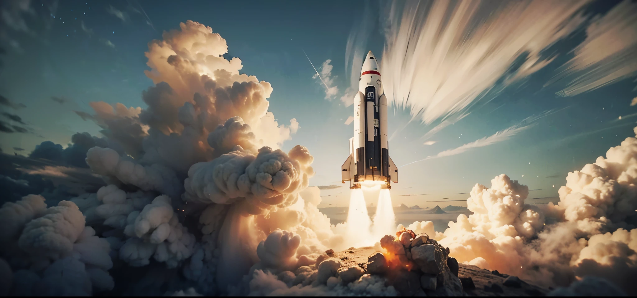 A space rocket is shown blasting off into space, surrounded by clouds of smoke. The rocket is in the center of the image and appears to be in motion as it climbs into the sky.