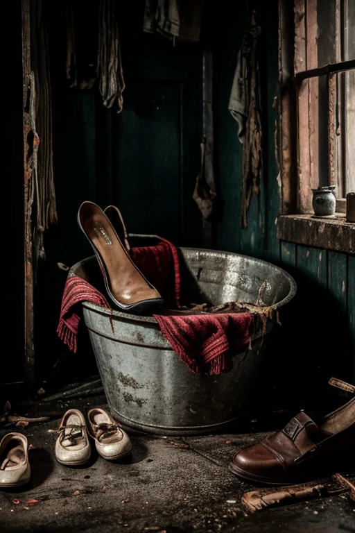 A chilling and gory scene of a bucket overflowing with severed feet, each one grisly and discolored. The feet are placed haphazardly, revealing different patterns of shoes and socks. The background is a dimly lit, damp room with cobwebs and flickering candlelight, creating an eerie atmosphere. The overall mood of the image is dark, disturbing, and unsettling.