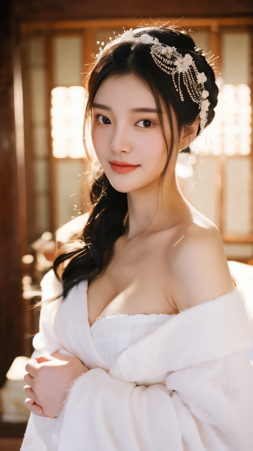 Chinese classical style, white robe with exquisite design, rich in details, fair-skinned woman, seductive expression, full of charm, revealing half chest, full bosom, traditional hair bun with delicate headwear, ancient lanterns, snow-white background, romantic atmosphere, harmonious picture.