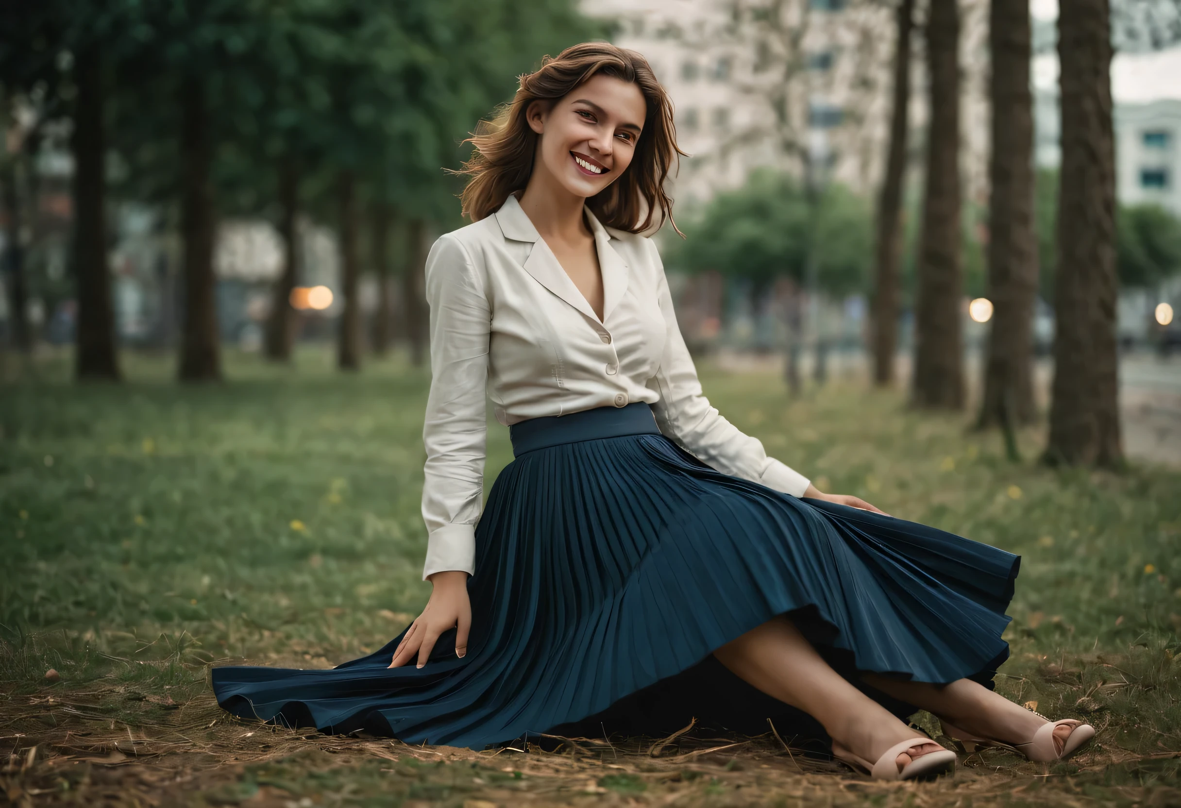A smiling, authentic, (shy:1,3), kind, beautiful woman, is passionately in love with her skirt, sitting down on the gound while wind lifts her skirt, wearing short blazer and very very detailed (long (fully pleated) full circle skirt) and (low heeled court shoes), very very intricate hyper-detailed symmetric (attractive graceful young feminine face) with (sad, tired eyes and a loving smile), large breasts, full of empathy and compassion and love, (pronounced (feminine) features), (highly detailed ultra accurate realistic) hands and fingers, (windy), epic composition, highly detailed attributes, (35mm f1.4 Kodak portra 400 photograph), extremely high quality RAW photograph, highly detailed atmosphere, sci-fi, cinematic shot, dynamic lighting, 75mm, Technicolor, Panavision, cinemascope, sharp focus, fine details, 8k, HDR, realism, realistic, key visual, film still, superb cinematic color grading, depth of field