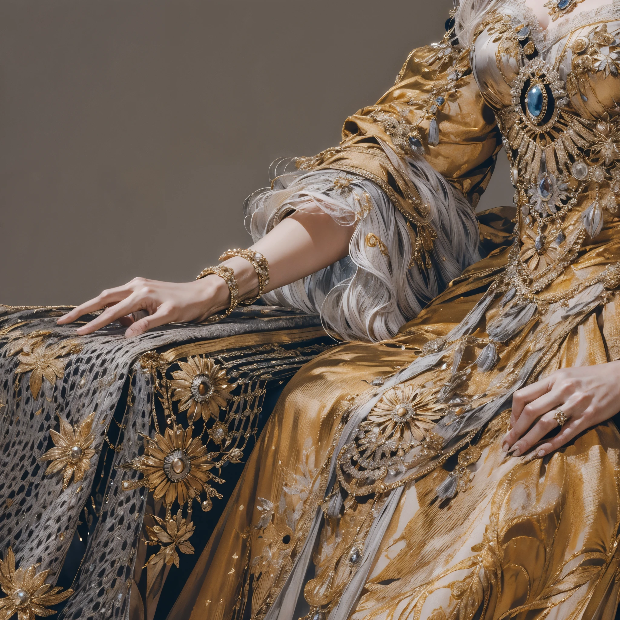 body of royal woman on solid grey background