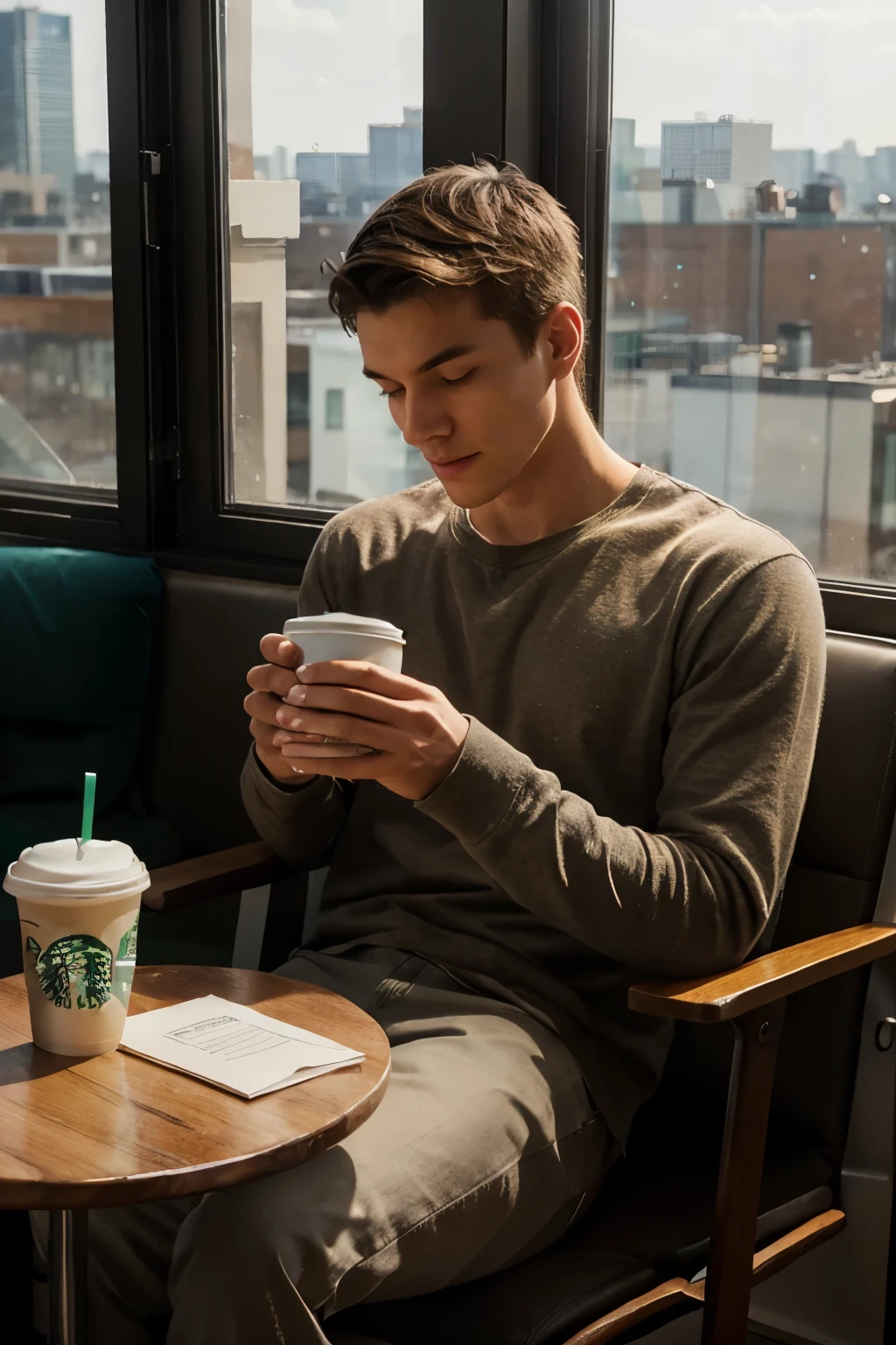Generate a scene featuring a young man of slender build, approximately 1.72 meters tall and weighing 53 kilograms, comfortably seated in a chair inside a Starbucks café. He holds a Starbucks coffee cup with both hands, his posture relaxed and content. The man gazes out of the window, where a blurred urban or natural landscape can be seen in the background. Soft light filters through the window, gently illuminating his face and highlighting the Starbucks logo on the cup. The atmosphere is tranquil and serene, evoking a sense of satisfaction and appreciation for the moment