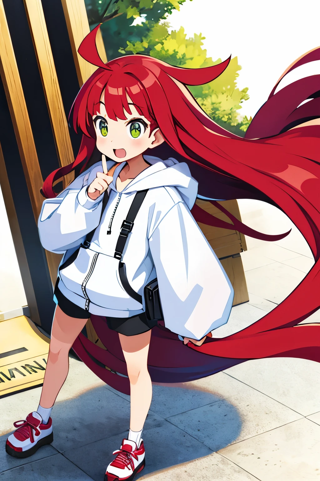   shy slanted eyes slightly open mouth red cheeks squishy bangs long flowing hair thin ahoge pale red hair yellow-green eyes white pupils slightly white skin Innerwear shorts baggy hoodie leather shoes shoulder bag cute gesture