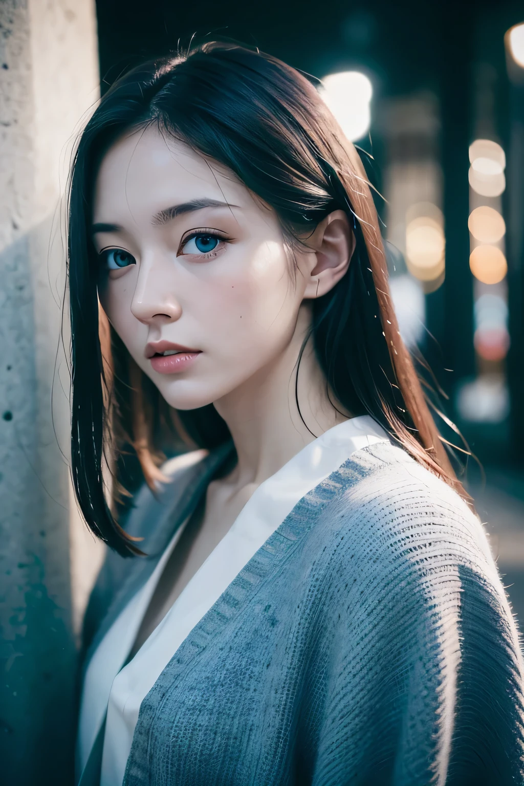 photo portrait de femme, yeux bleus, Asian European, visage de face, dark hair , pale skin, en plein air, nuit, High quality