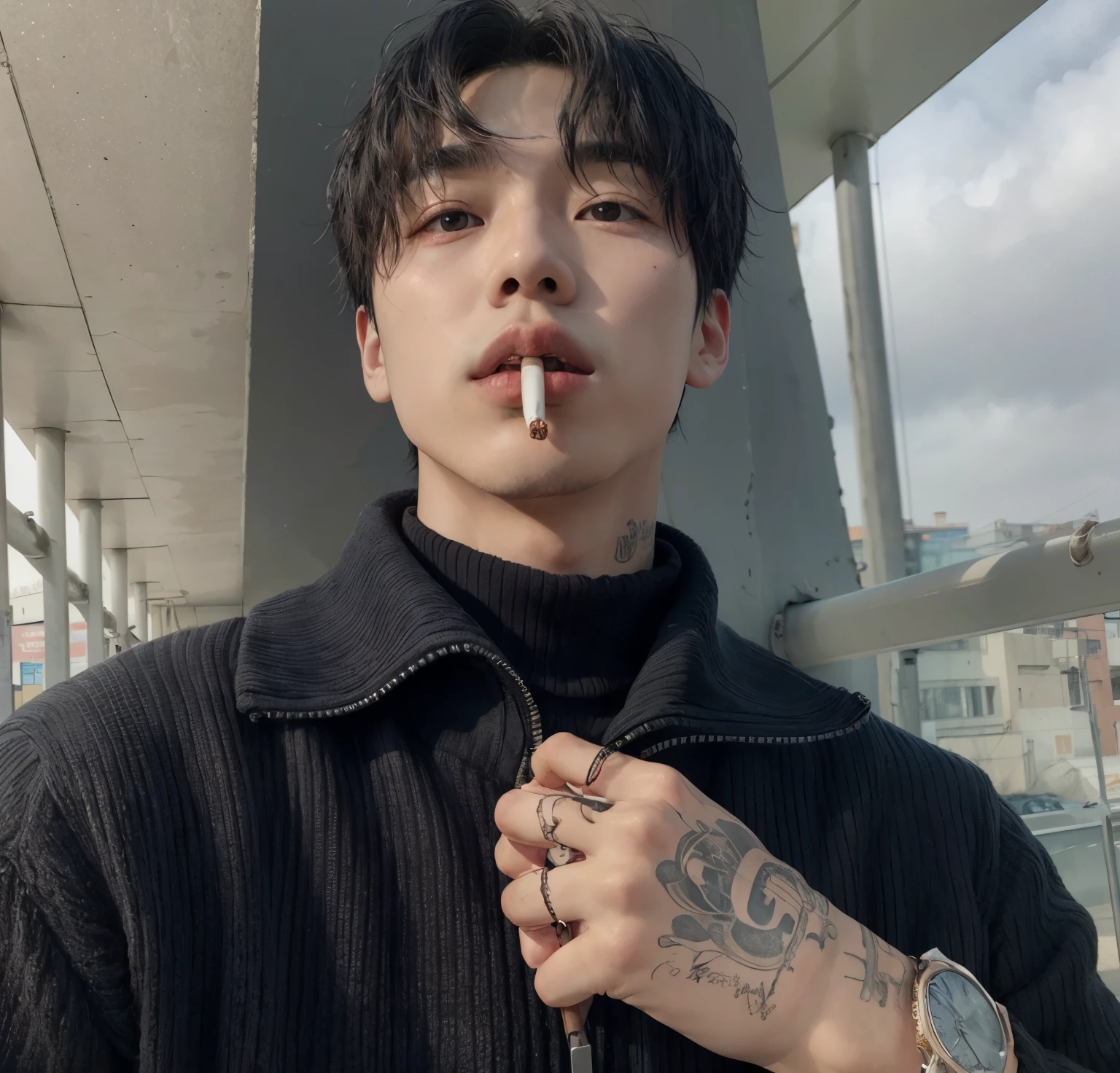 Hombre fumado con un cigarrillo en la boca y un tatuaje en el brazo., kim doyoung, hyung tae, ulzzang inteligente, jungkook, hombre surcoreano, inspirado en jeonseok lee, hong junio hyung, cai xukun, yanjun chengt, artista coreano, kim taejin, con cigarro, hyung tae kim, estan fumando un cigarrillo