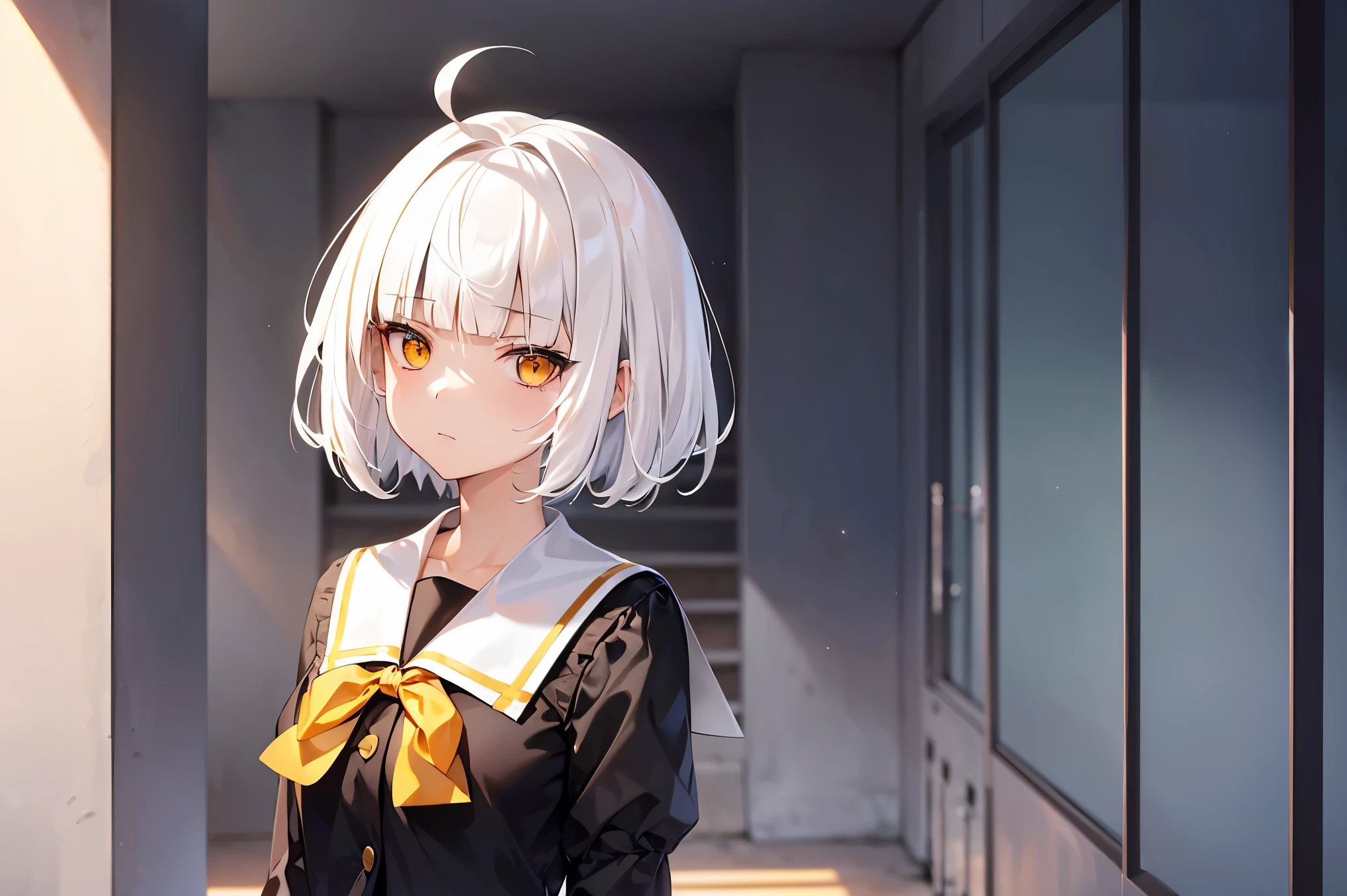 suggestive, 8k, 1girl, , (black serafuku:1.4), (skirt lift), (white pantyhose), short hair, messy bangs, small breasts, yellow eyes, (two-tone hair:1.4), (white hair:1.3), (yellow hair:1.2), at school, from below, (blushing:1.3), wavy mouth, embarrassed