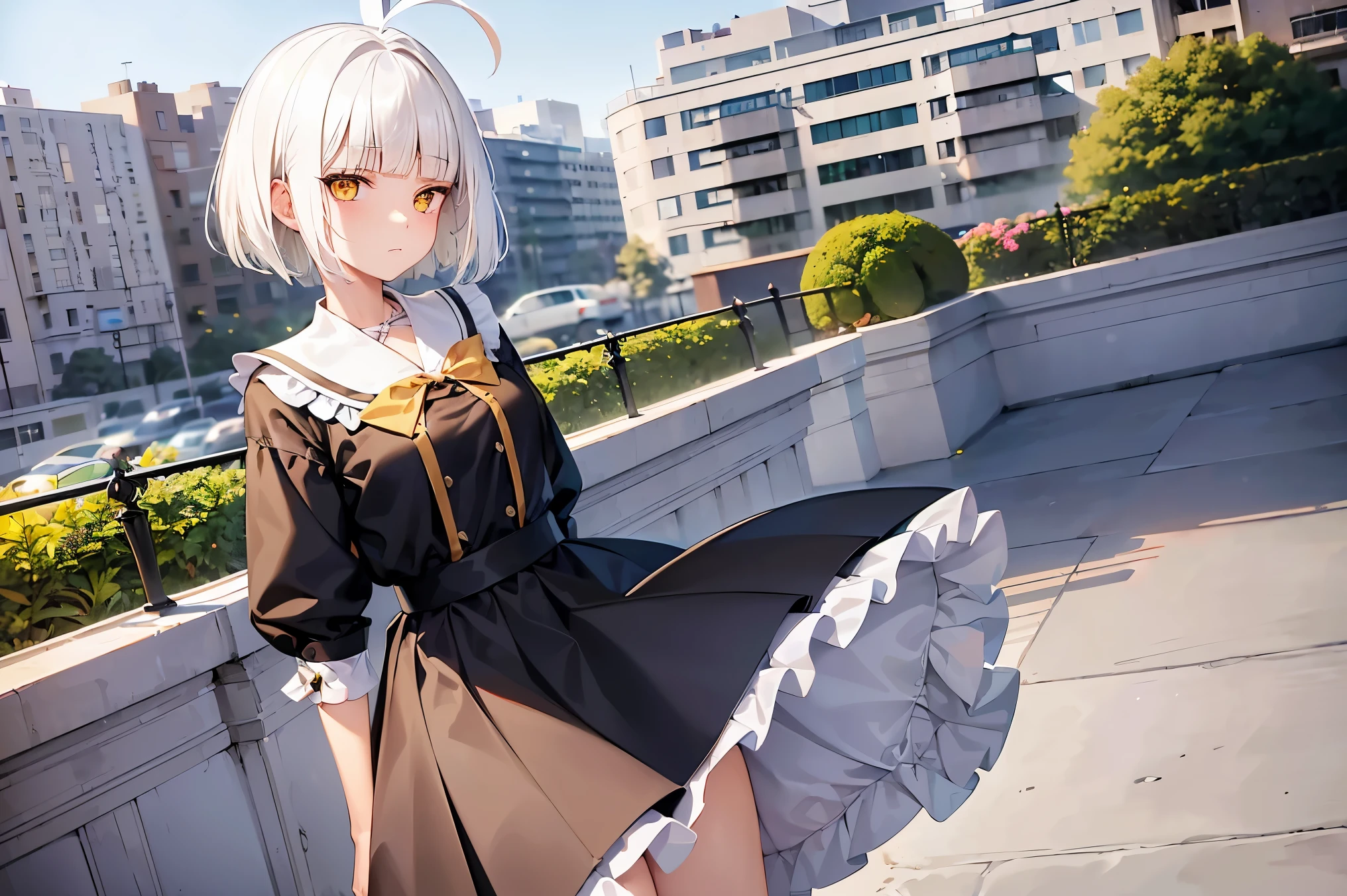 Cimematic vision, nigth, ((1girl)), (lolita), ((((short white hair)))), (((blunt bangs))), yellow eyes, ((cabelo emaranhado)), ((((no expression)))), Sonolenta, ((ahoge)), black School uniform, desleixada, ((melhor qualidade)), ((obra de arte)), (detalhado), rosto perfeito, ((style novel)), ((on the school terrace))