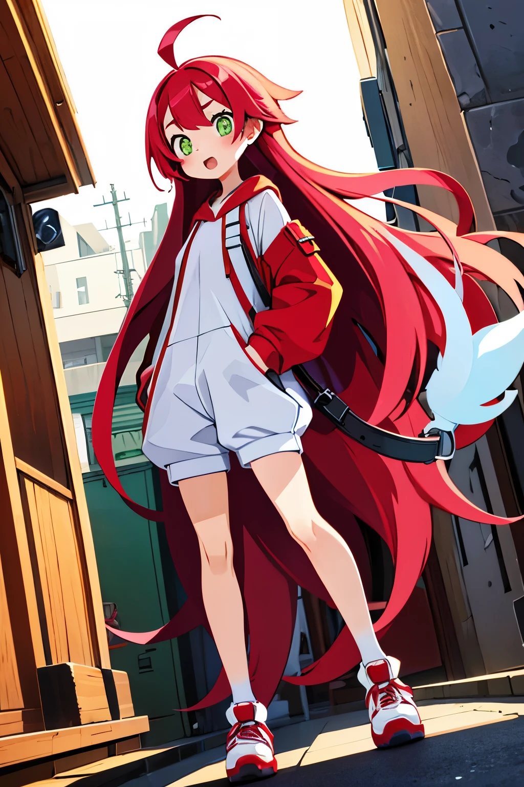  young baby face shy slanted eyes slightly open mouth red cheeks squishy bangs long flowing hair thin ahoge pale red hair yellow-green eyes white pupils slightly white skin Innerwear shorts baggy hoodie leather shoes shoulder bag cute gesture