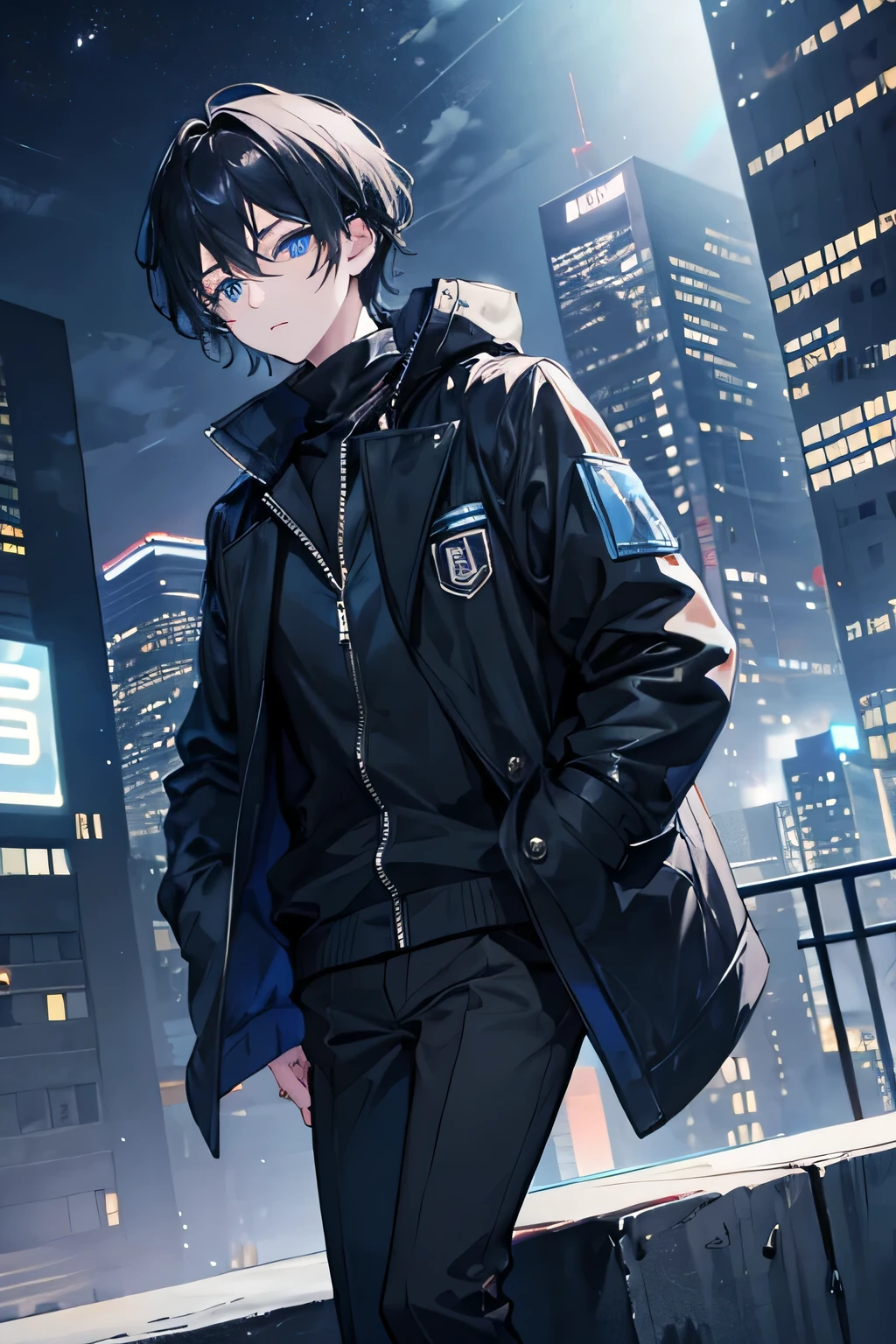 1boy,night city,black hair,blue eye,black jacket