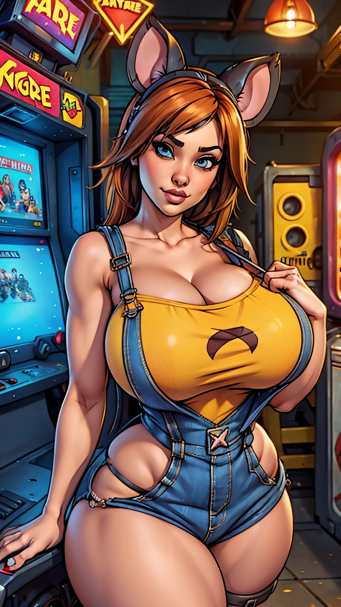 Gaige huge  curvy thick thighs mouse ears wearing overalls and t shirt hands on chest in arcade high-quality masterpiece 