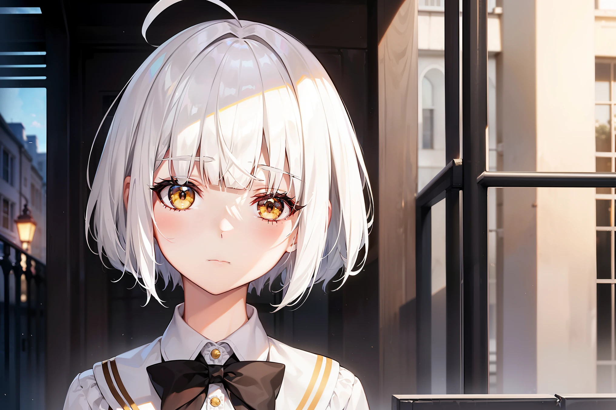 Cimematic vision, nigth, ((1girl)), (ta), ((((short white hair)))), (((blunt bangs))), yellow eyes, ((cabelo emaranhado)), ((((no expression)))), Sonolenta, ((ahoge)), black School uniform, desleixada, ((melhor qualidade)), ((obra de arte)), (detalhado), rosto perfeito, ((style novel)), ((on the school terrace))