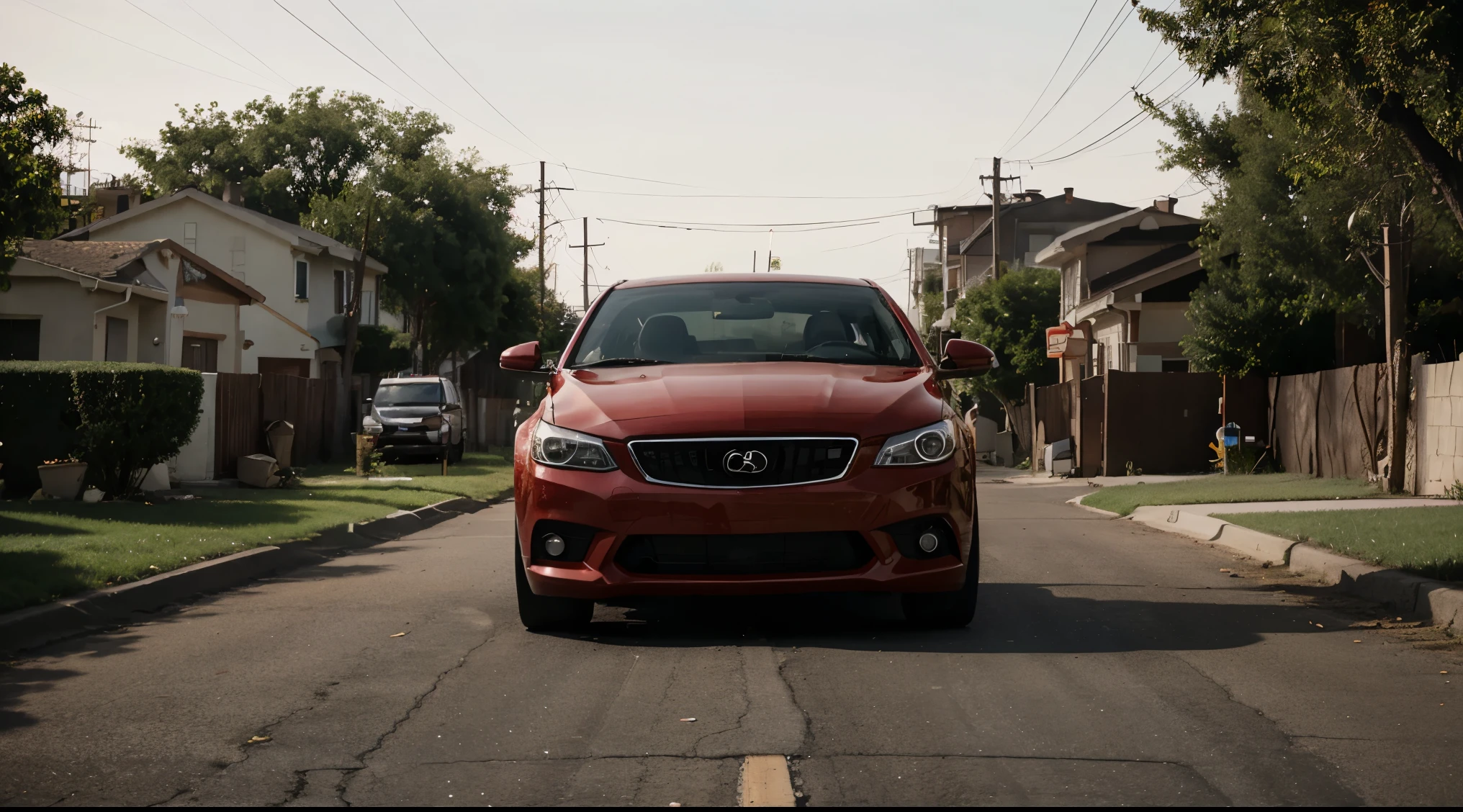 A mysterious red car in an American neighborhood driven by a mysterious person