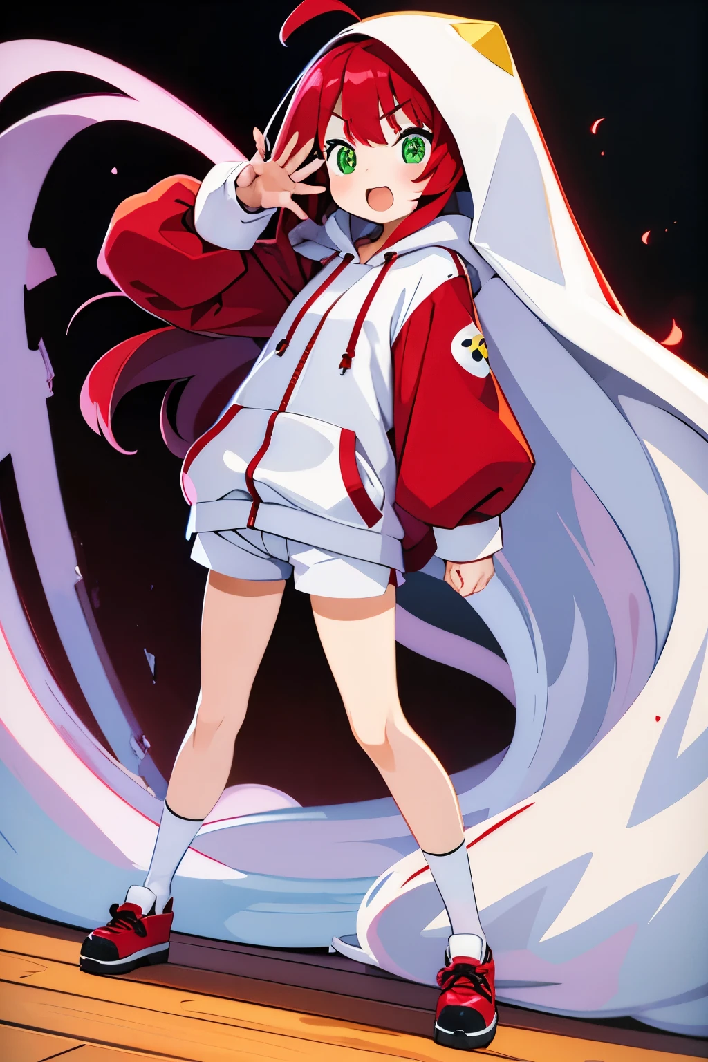   shy slanted eyes slightly open mouth red cheeks squishy bangs long flowing hair thin ahoge pale red hair yellow-green eyes white pupils slightly white skin Innerwear shorts baggy hoodie leather shoes shoulder bag cute gesture