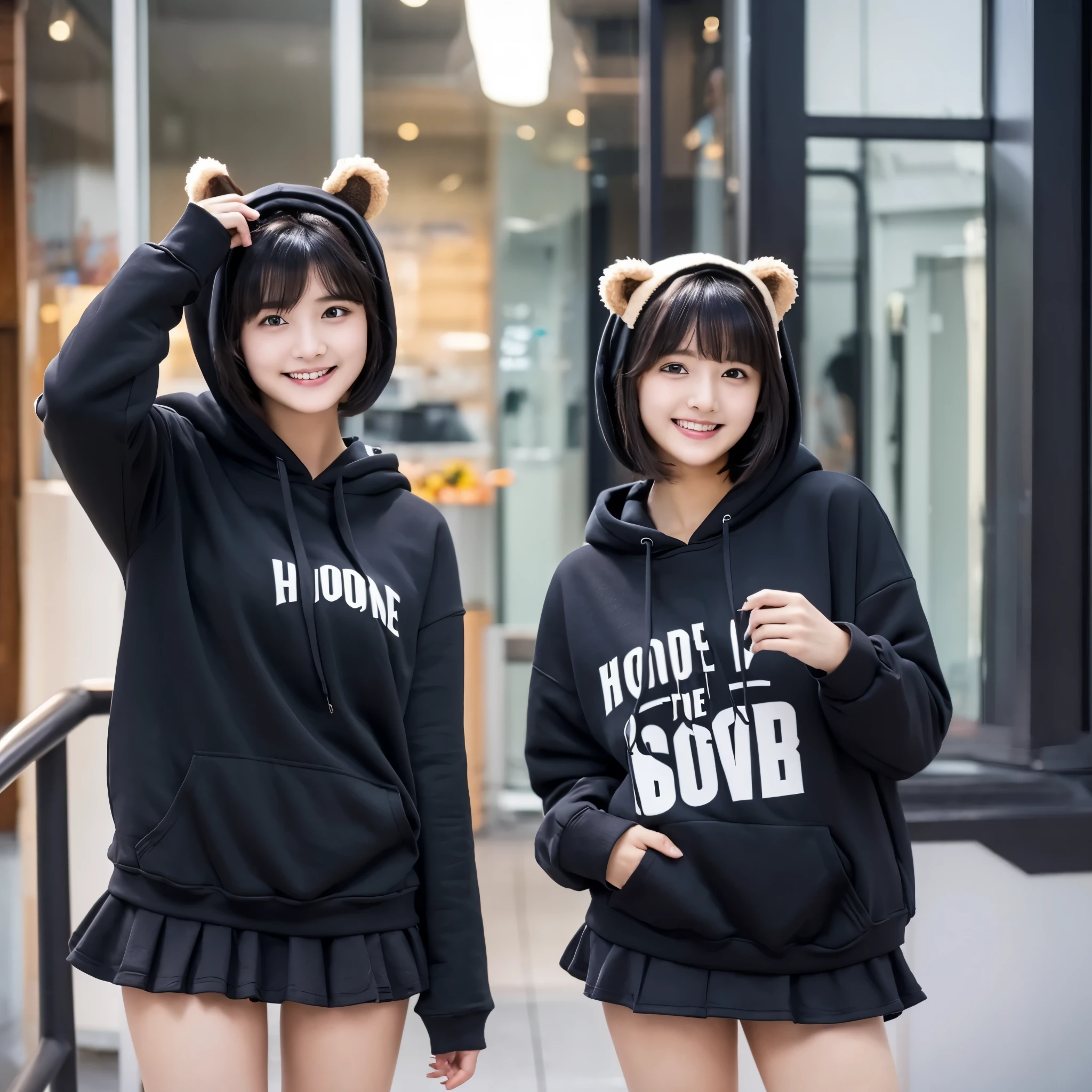 cute,cute, 1 girl, alone, smile、black hair,short hair, black hoodie, bear ear hood, hood up, mini skirt、I can see your panties