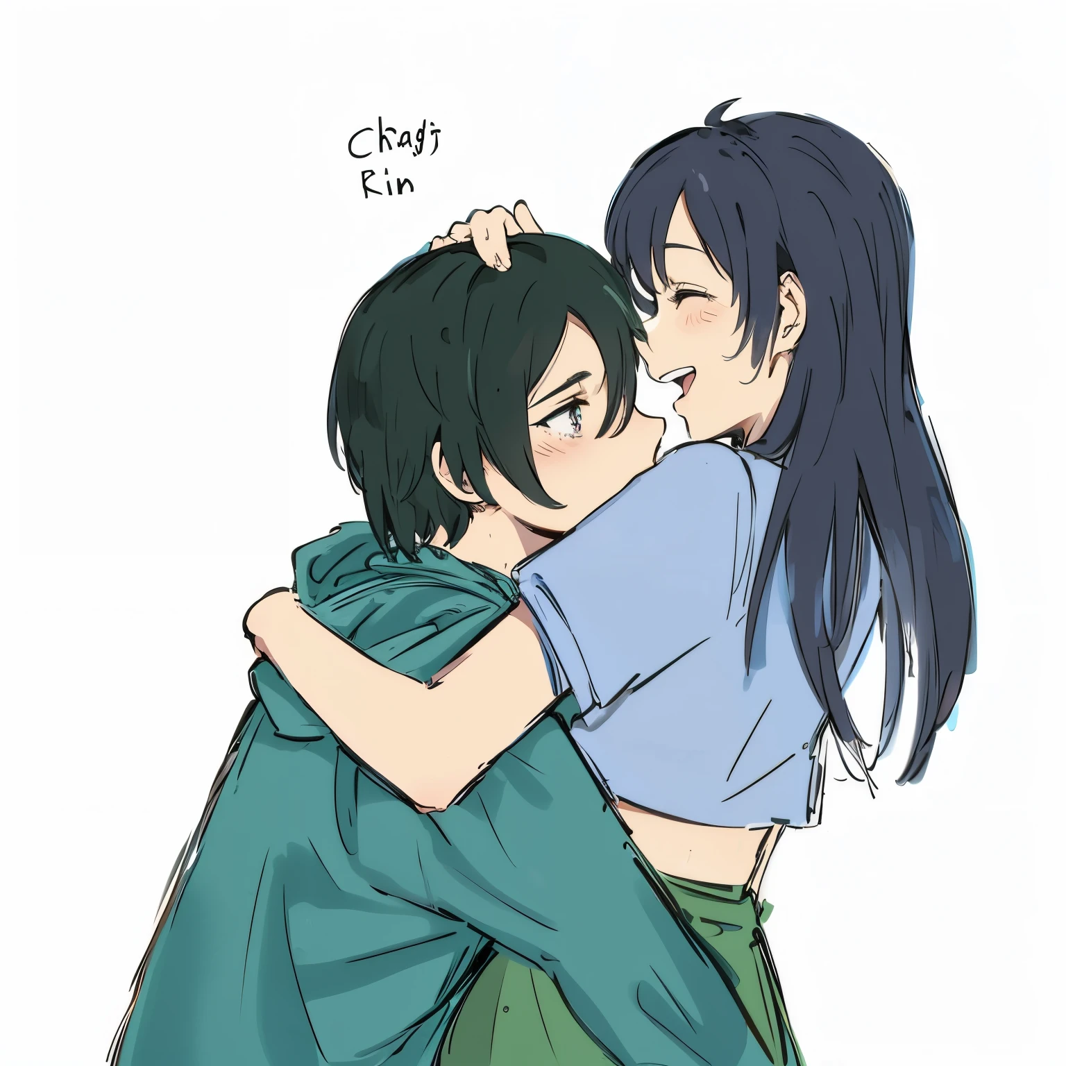 Short haired girl hugging a long haired girl