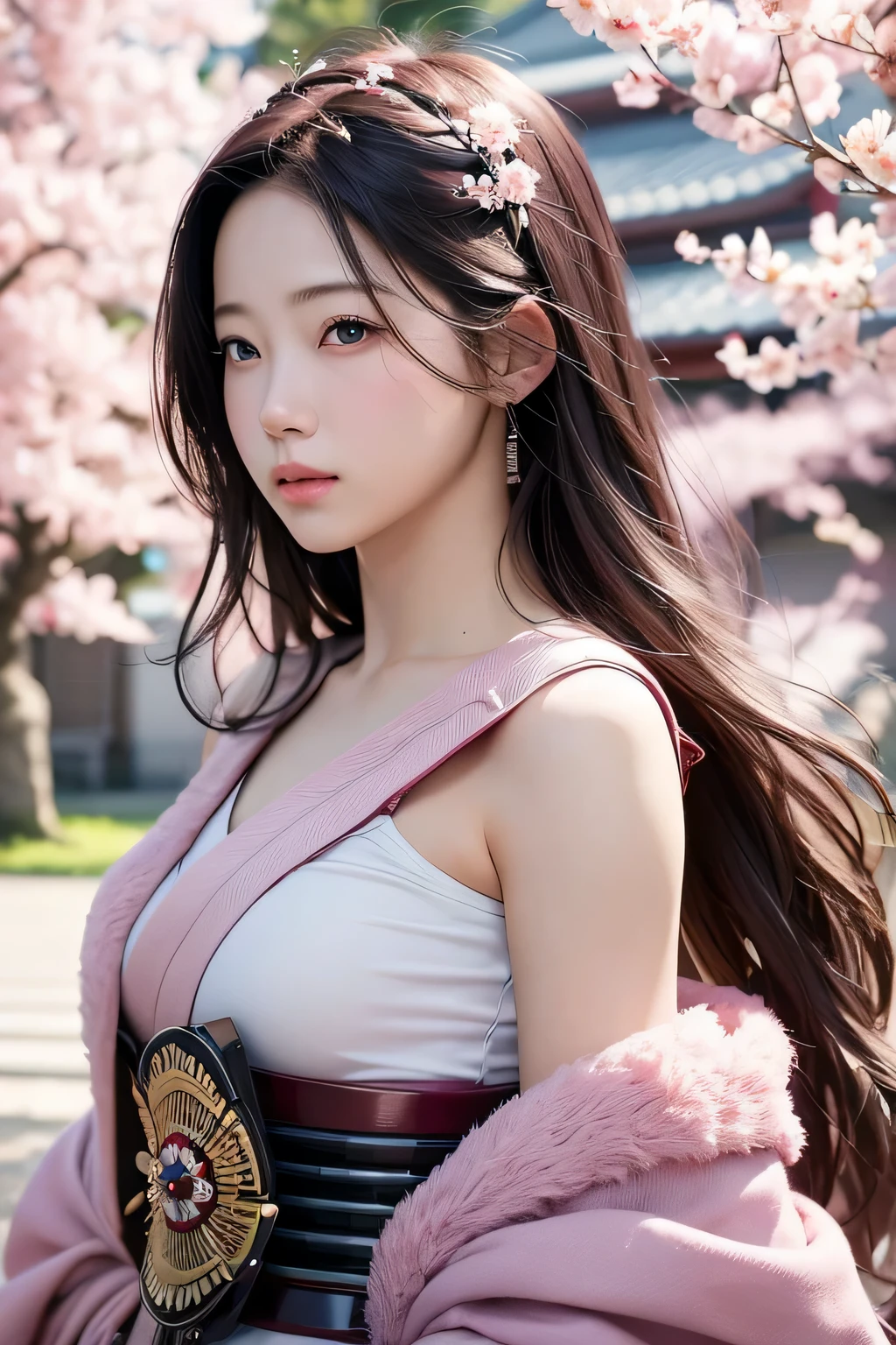 (masutepiece), (Best Quality), Photorealism, Realistic, (1girl in), Solo,Japan samurai armor、Come and fight、Cherry blossom petals