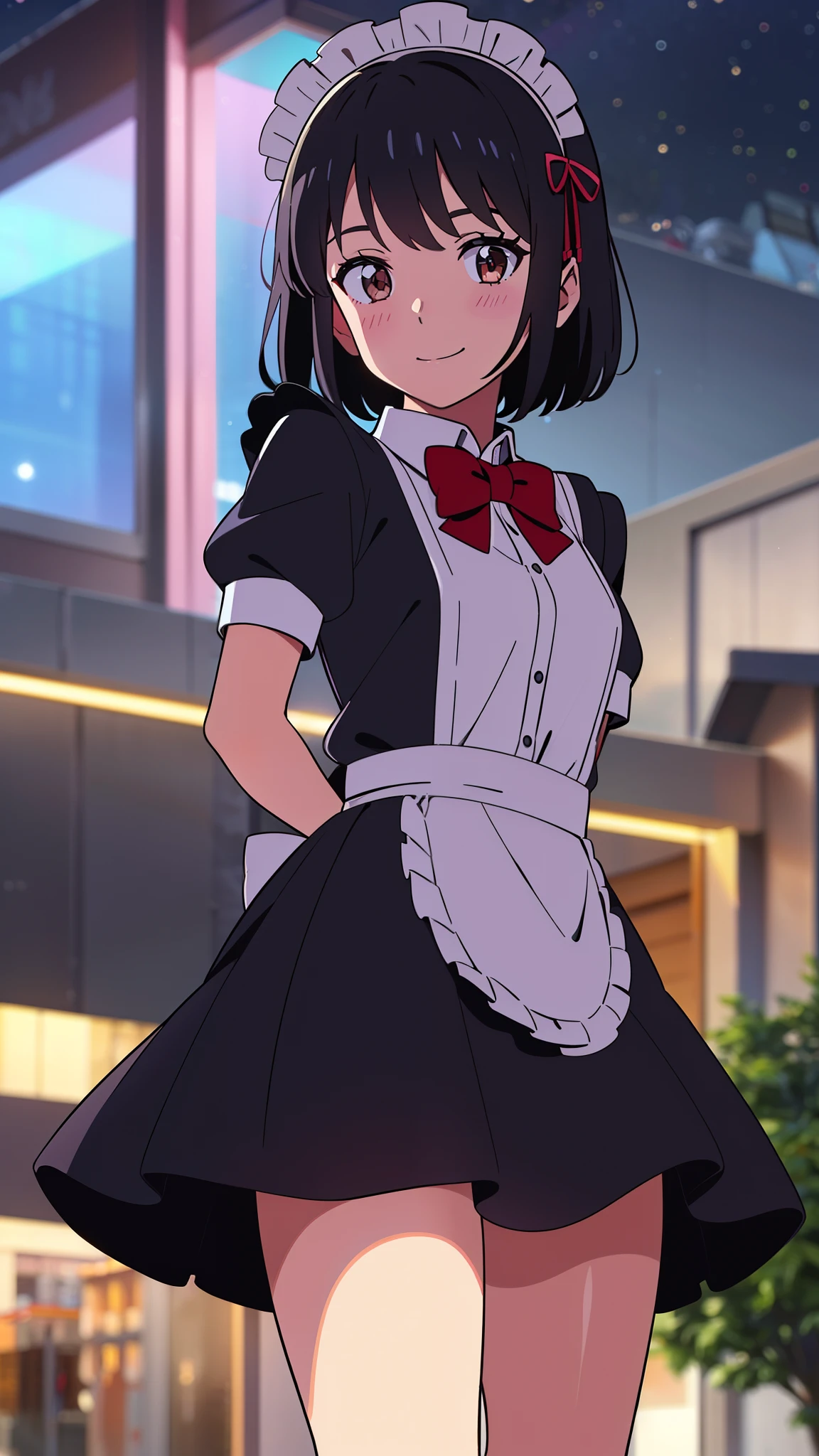 shinkai makoto, kimi no na wa., 1girl, bangs, black hair, short hair, blush, brown eyes, looking at the viewer, ((girl wear maid dress, short sleeves, short dress, short skirt, maid headdress)), Off-the-shoulders, red bow, red ribbon, smile, cute, happy, fun, joyful, school, outdoors, night, night sky, cloudy, dynamic lights