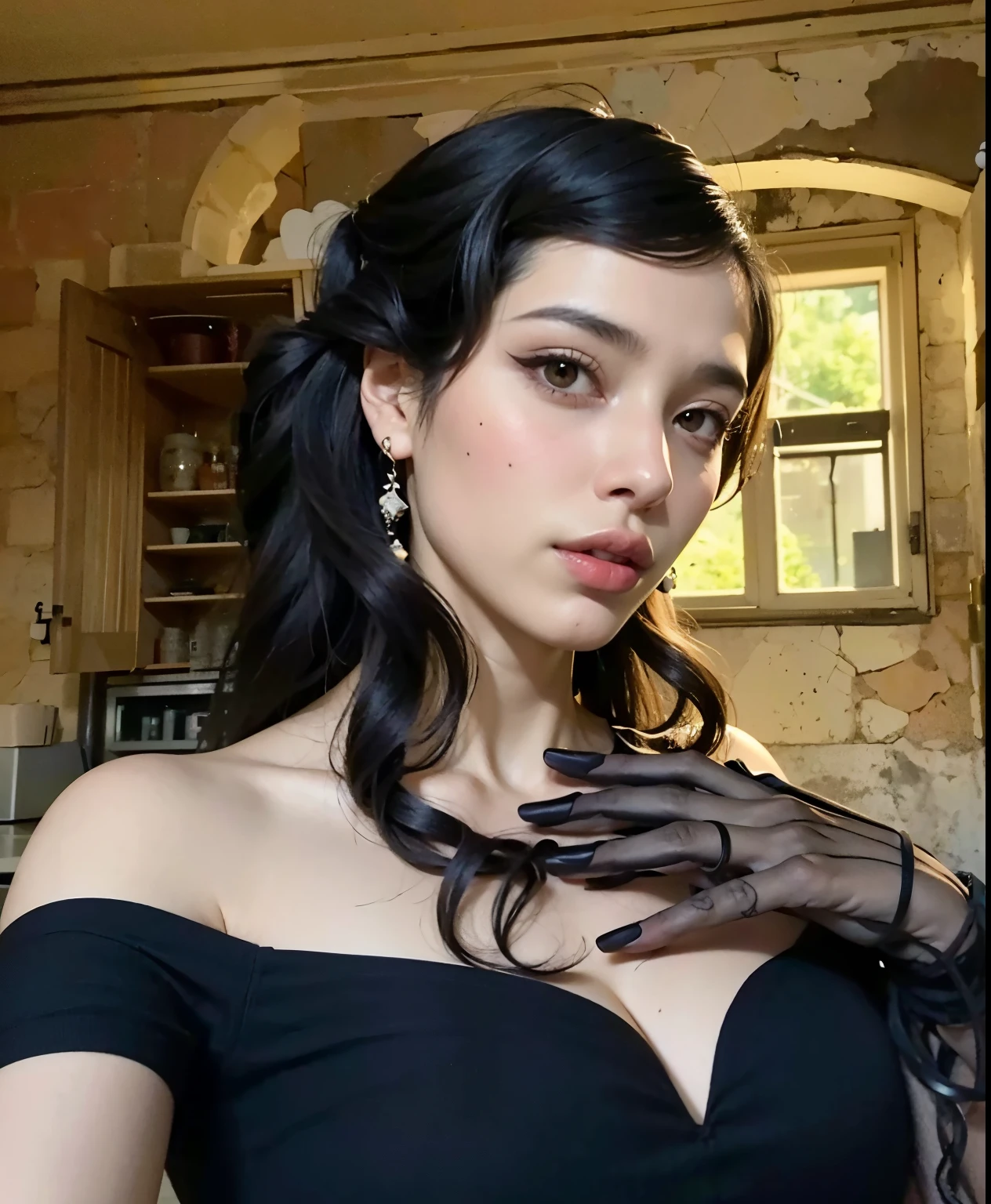 Hay una mujer con el pelo largo y negro y un collar en, pelo negro y ojos grandes, hermosa cara latina, 18 years, pale skin persian girl, labios gruesos, Violeta Myers, Se parece a Fabiula Nascimento., foto de perfil, Mister, mujer con pelo largo y negro, 16 years, pelo negro ondulado, piel de oliva