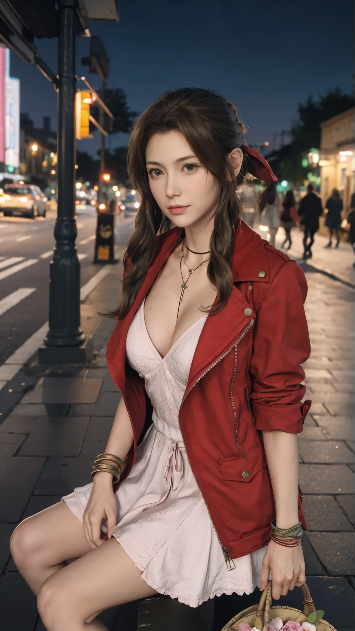 best quality,masterpiece,8k wallpaper,absurdres, highres, ultra detailed, (1 young beautiful girl, solo:1.1),aerith gainsborough \(cosplay\),red_jacket, necklace,brown_hair,long_hair,bracelet,pink_dress,hair_ribbon,flowers basket,holding basket,sitting,street, night,city lights,  big breasts, cleavage, sexy