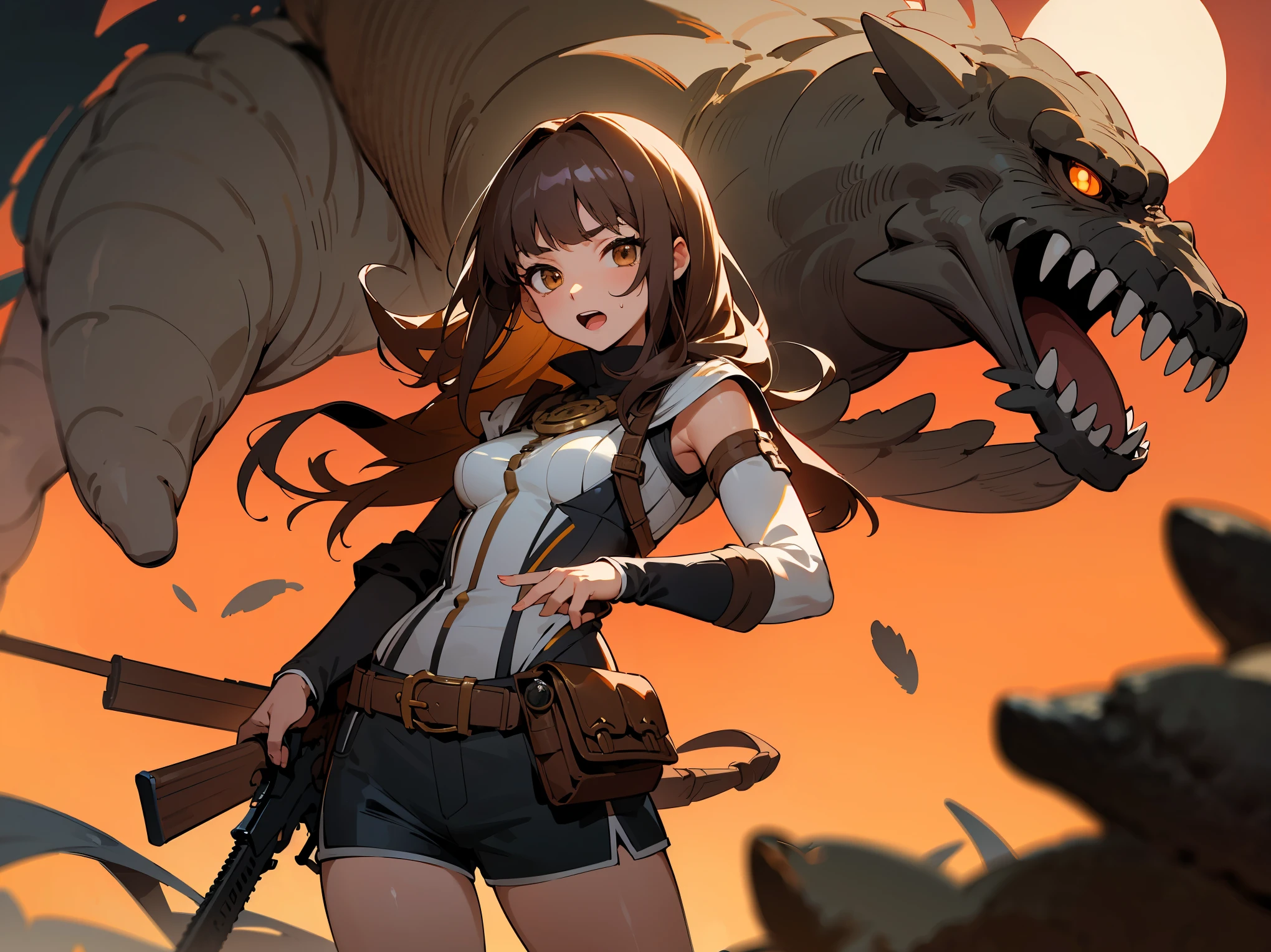 ((fine lineart)), (masterpiece,best Quality),extremely beautiful detai led anime face and eyes,cowboy shot,gal.safetensors,20-year-old、Beauty,monster hunter、solo, brown hair,long hair,brown eyes,Small open mouth、slender body,very small head、medium breasts,brown skin,gleaming skin,oily skin,shiny skin,sweat,action pose:shooting、((モンスターをshootingで攻撃、portray the monster))、(Black combat uniform,black tactical vest、sleevelesuzzle exploded,Hold an automatic rifle with both hands、black Micromini shorts,Monsters swarming、monsters are random、fantasy,ancient ruins of central and south america、ancient stone architecture、moonlight、at night、