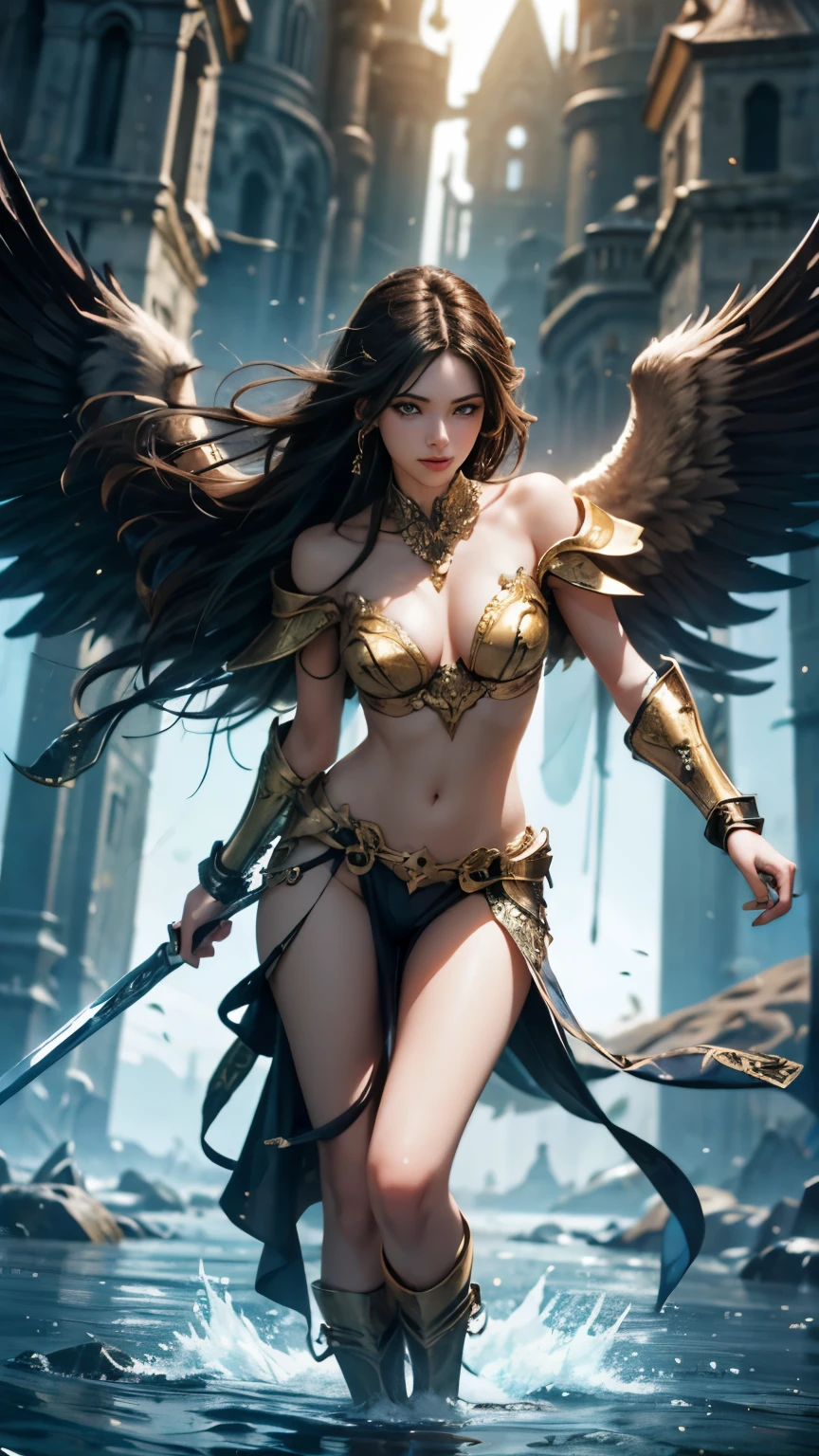 (RAW shooting:1.5, Photoreal:1.5, 8k, highest quality, masterpiece, ultra high resolution), medieval europe, world of magic and swords, perfect dynamic composition:1.2, Mysterious:1.3, Highly detailed skin and facial textures:1.3, cute and sexy slim female warrior, beautiful and aesthetic:1.2, cute and sexy beauty, perfect style, wear elaborate rings, Pose holding a large sword, fire, water, Wind, thunder, ice, Fair skin, very beautiful face, (Medium chest, Chest gap), (embarrassing smile, The expression on your face when you feel intense caress, Facial expression when feeling pleasure), (sexy gold metallic armor:1.1, off shoulder, Navel exposure), (beautiful blue eyes, Eyes that feel beautiful eros:0.8), (Too erotic:0.9, Bewitching:0.9), full body shot, Ancient castle in the background