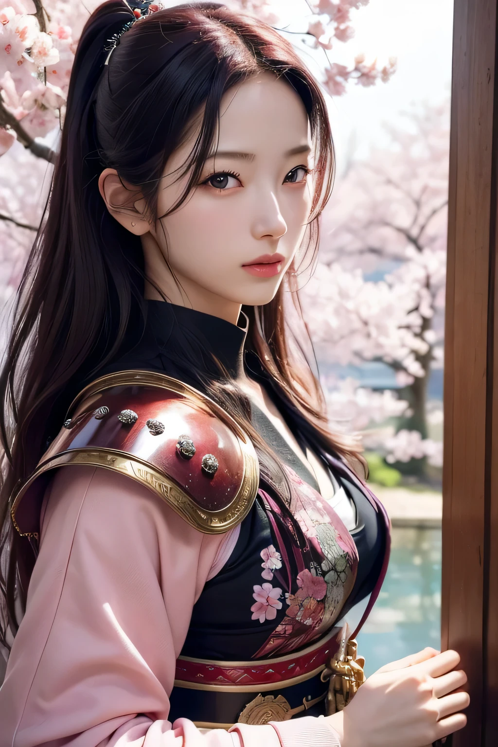 (masutepiece), (Best Quality), Photorealism, Realistic, (1girl in), Solo,Japan samurai armor、Come and fight、Cherry blossom petals