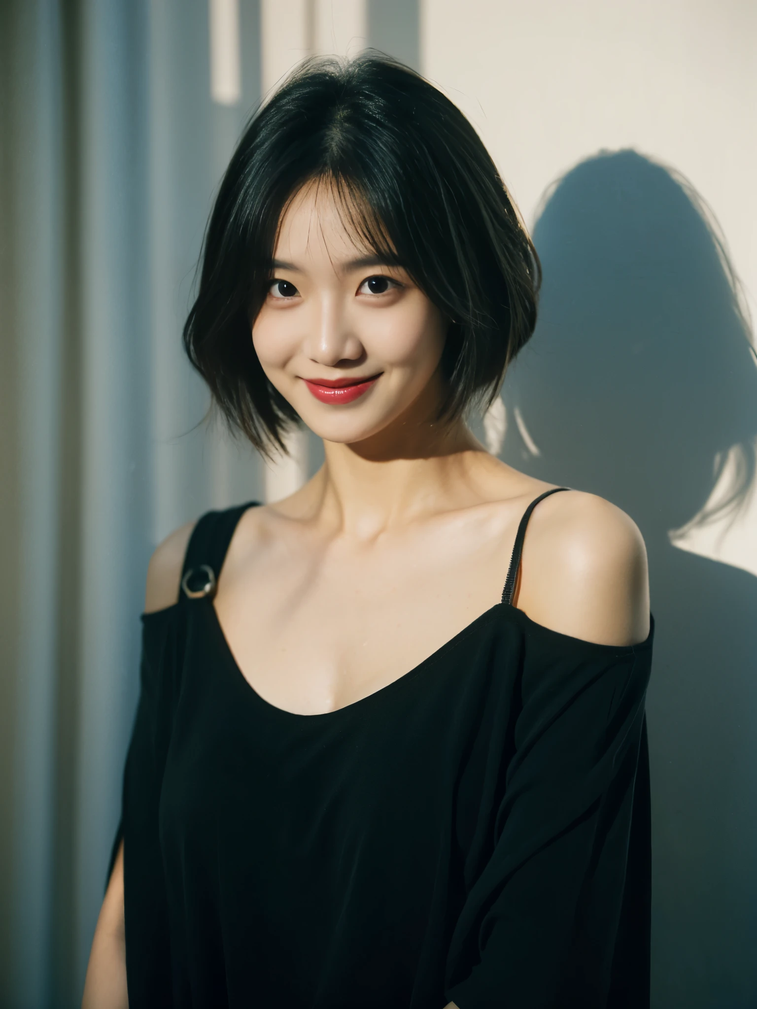 best quality, masterpiece, ultra high resolution, (lifelike:1.5), original photo, 1 girl, Off the shoulders, in the darkness, deep shadow, low profile, cold light, sexy look, short hair, big breasts, black clothes, full-body shot, charming smile