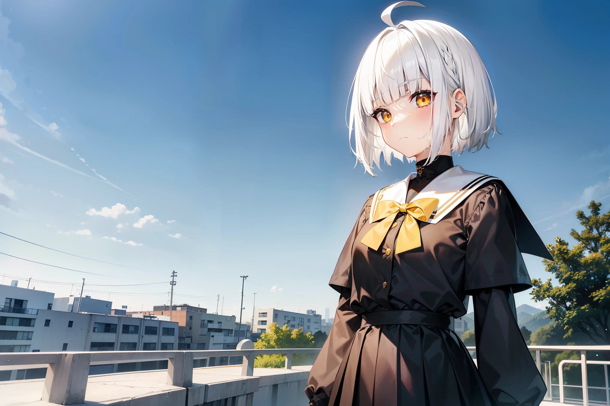 Cimematic vision, nigth, ((1girl)), (lolita), ((((short white hair)))), (((blunt bangs))), yellow eyes, ((cabelo emaranhado)), ((((no expression)))), Sonolenta, ((ahoge)), black School uniform, desleixada, ((melhor qualidade)), ((obra de arte)), (detalhado), rosto perfeito, ((style novel)), ((on the school terrace))
