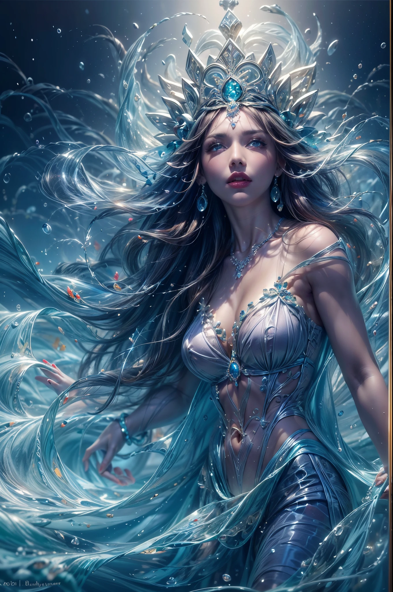 "(masterpiece: 1.2), 8K UHD resolution, Water Goddess, standing ethereal amidst a vast shimmering ocean. Her silhouette merges with cascading waterfalls and fluid streams. Wearing a detailed crown adorned with pearls, and a gown as translucent as liquid silk embellished with sea jewels and corals. In her hand, she holds a trident, a symbol of her dominion over the seas. Her intense, glowing blue eyes capture the essence of the ocean, radiating an inner luminescence that beckons the mysteries of the deep."