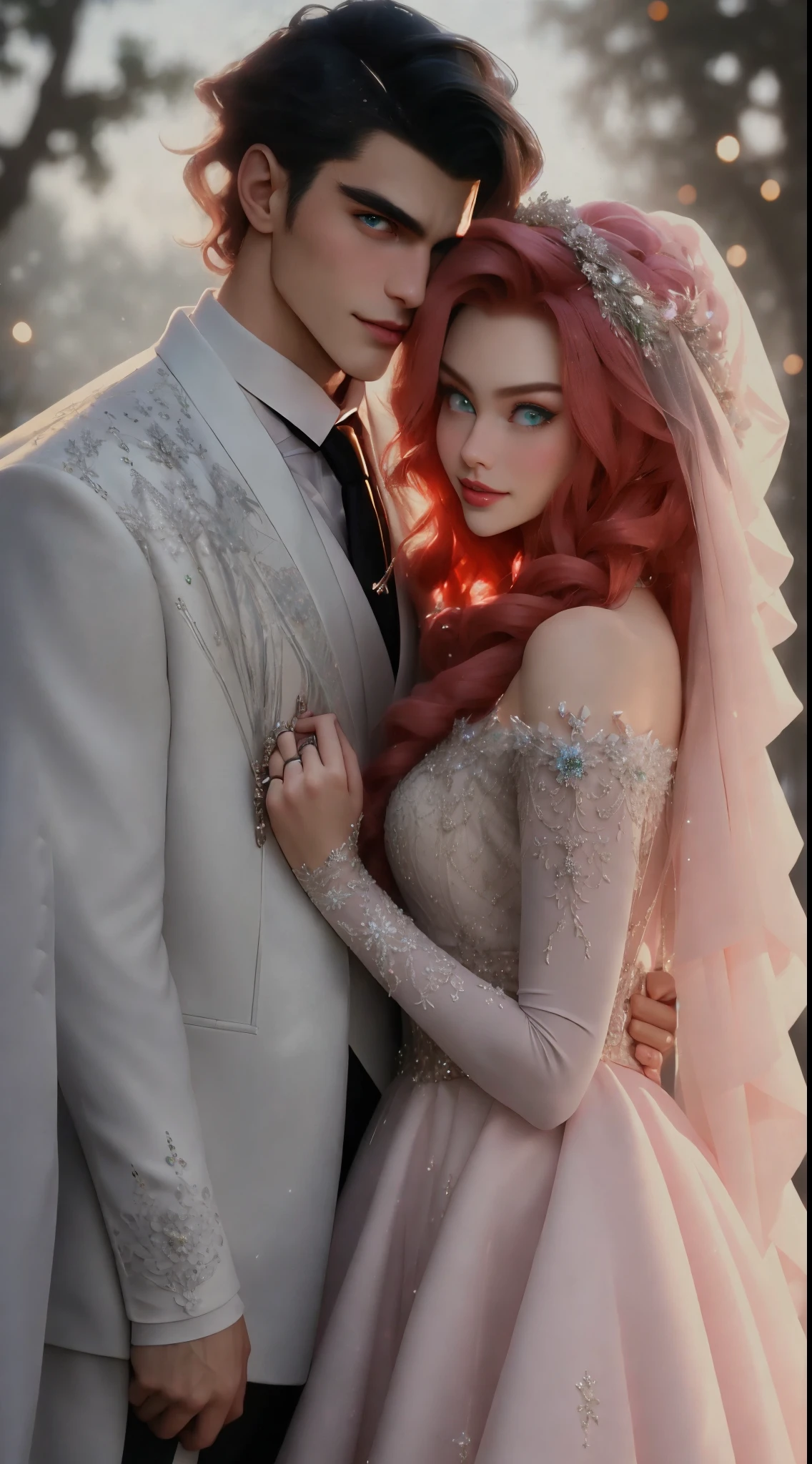 1 beautiful woman , 1 handsome man , dress, red  hair lady with pink lips and green eyes ,black hair man with blue eyes, wedding dress, jacket, hetero, necktie, couple, smile, strapless dress, closed eyes, pants, strapless, veil, flower, long hair, holding, jewelry, gloves, shirt, necklace, bouquet, white pants, holding bouquet, white dress, blue eyes, white shirt, open jacket, holding hands, elbow gloves, white gloves, white jacket, pink necktie, bridal veil, white background, wedding, husband and wife, long sleeves, long dress, pink flower, floating hair, short hair, standing, open clothes, collarbone, sleeveless (( perfect eyes))(( detailed eyes))