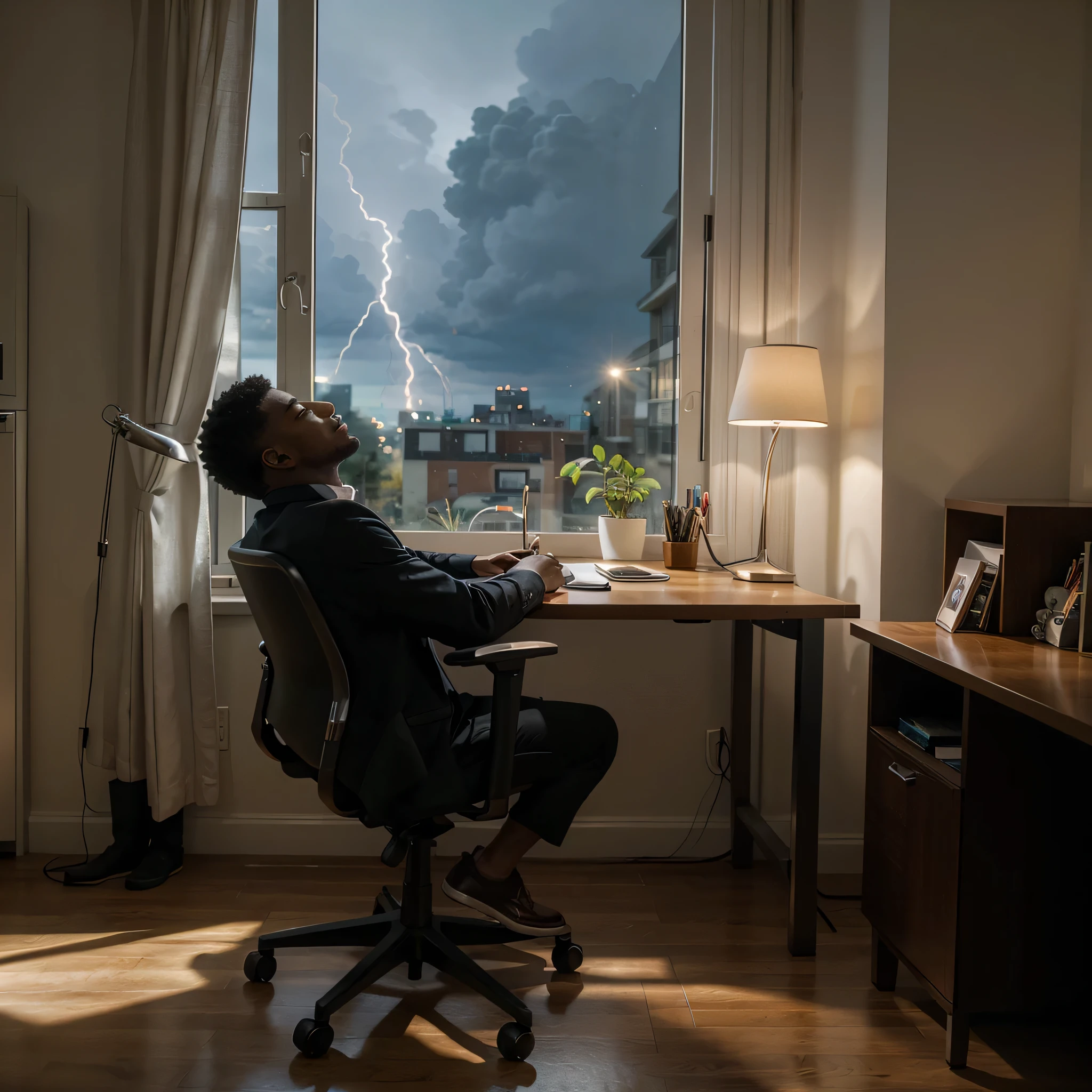 Uma cena de um jovem negro sentado em sua mesa, lit only by the light of your computer monitor with rain and thunder passing by your window