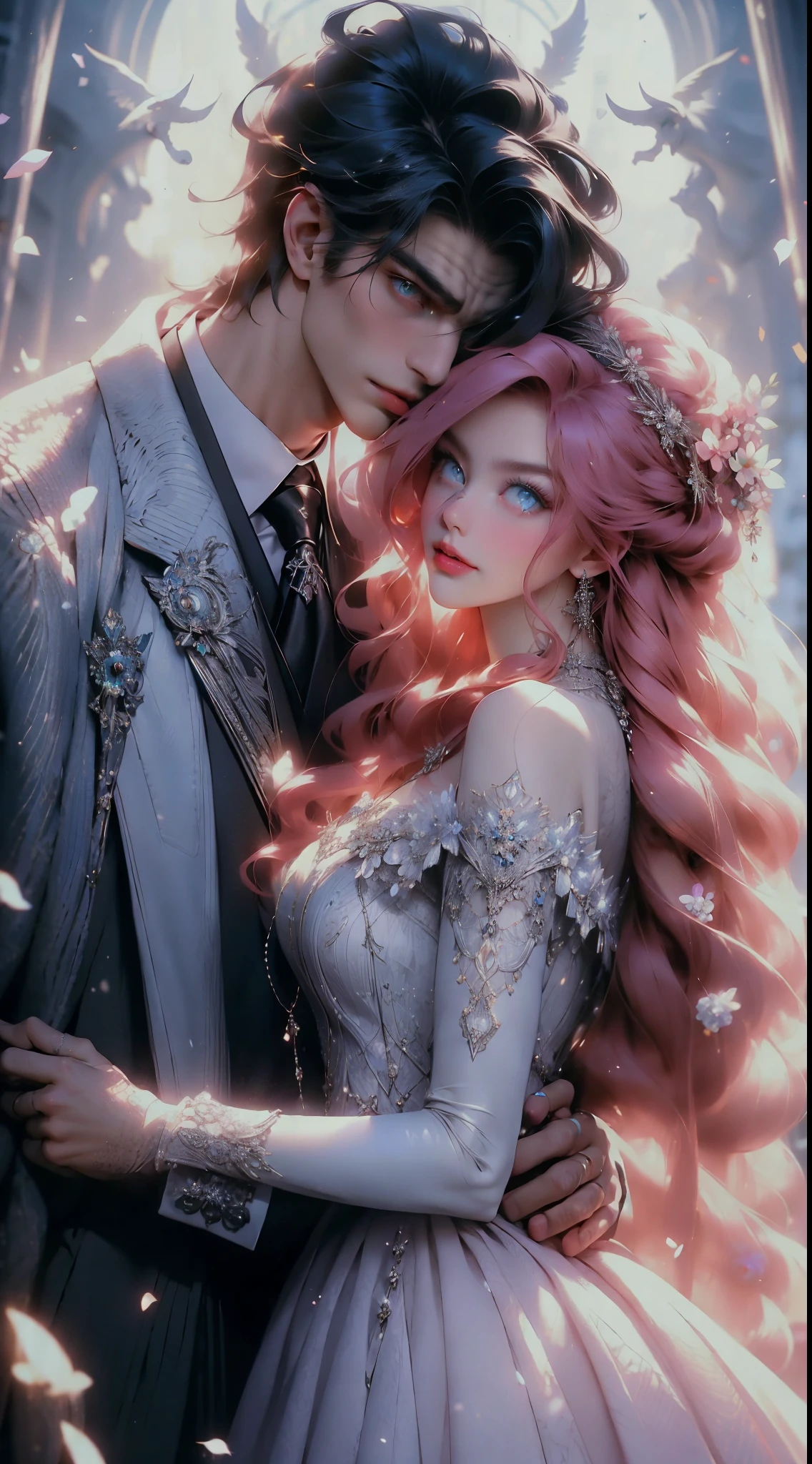 1 beautiful woman , 1 handsome man , dress, red  hair lady with pink lips and green eyes ,black hair man with blue eyes, wedding dress, jacket, hetero, necktie, couple, smile, strapless dress, closed eyes, pants, strapless, veil, flower, long hair, holding, jewelry, gloves, shirt, necklace, bouquet, white pants, holding bouquet, white dress, blue eyes, white shirt, open jacket, holding hands, elbow gloves, white gloves, white jacket, pink necktie, bridal veil, white background, wedding, husband and wife, long sleeves, long dress, pink flower, floating hair, short hair, standing, open clothes, collarbone, sleeveless (( perfect eyes))(( detailed eyes))