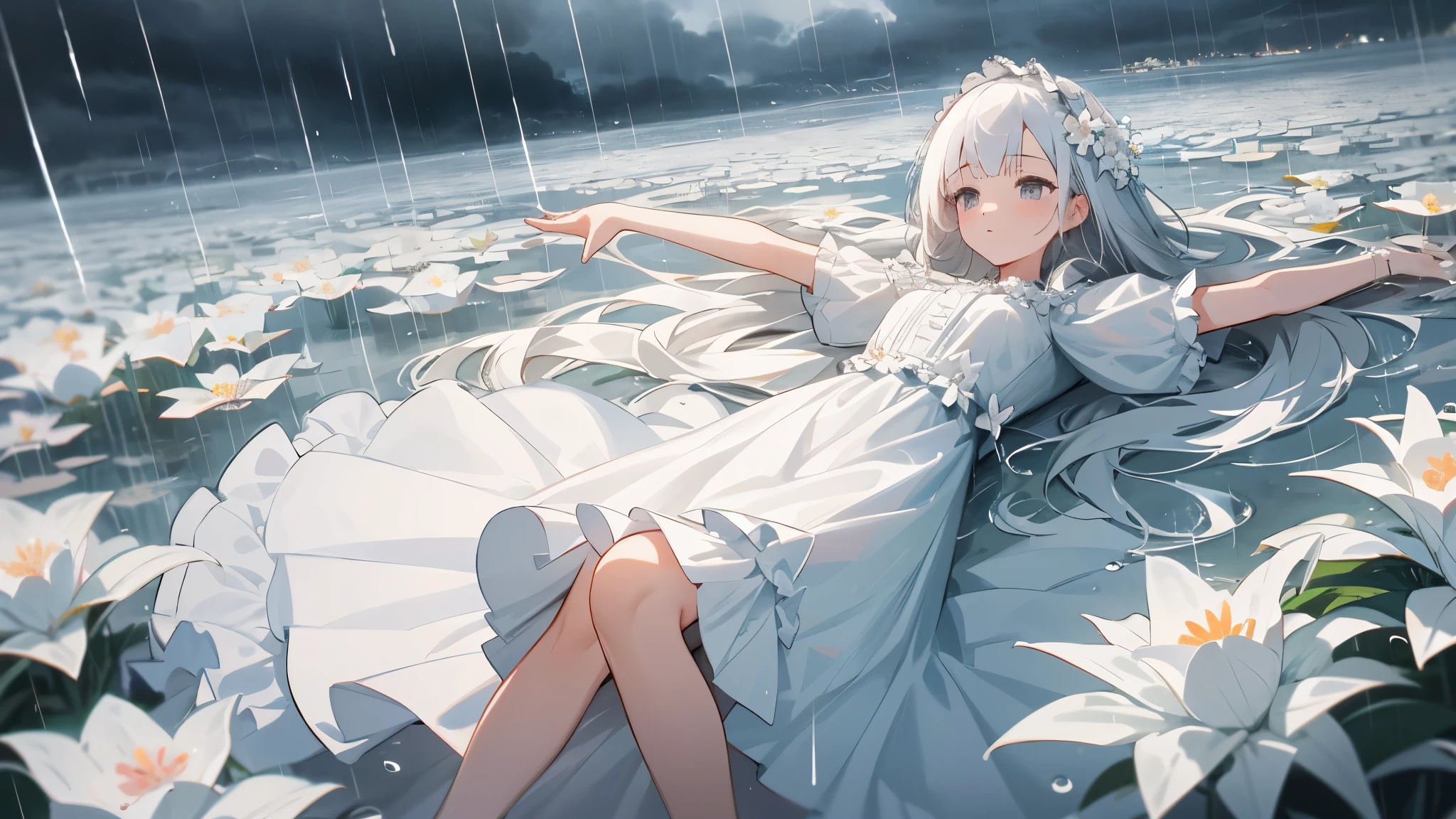 1girl, flower, dress, lying, bangs, frills, long hair, white dress, short sleeves, hair ornament, on back, outstretched arm, frilled dress, arm up, white flower, hair flower, grey eyes, white hair, looking away, rain, water, raindrops, raining, cloudy sky, moody lighting