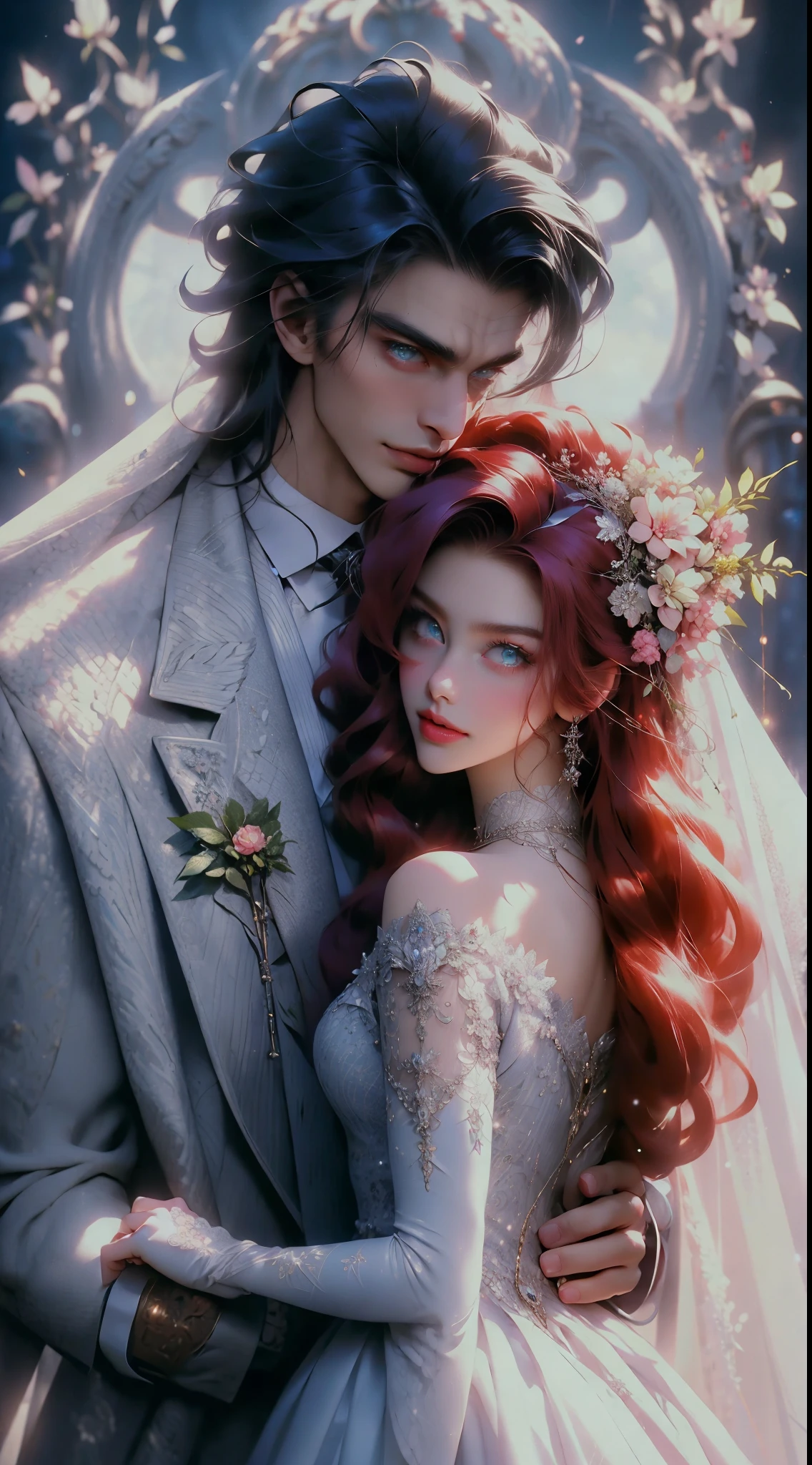 1 beautiful woman , 1 handsome man , dress, red  hair lady with pink lips and green eyes ,black hair man with blue eyes, wedding dress, jacket, hetero, necktie, couple, smile, strapless dress, closed eyes, pants, strapless, veil, flower, long hair, holding, jewelry, gloves, shirt, necklace, bouquet, white pants, holding bouquet, white dress, blue eyes, white shirt, open jacket, holding hands, elbow gloves, white gloves, white jacket, pink necktie, bridal veil, white background, wedding, husband and wife, long sleeves, long dress, pink flower, floating hair, short hair, standing, open clothes, collarbone, sleeveless (( perfect eyes))(( detailed eyes))