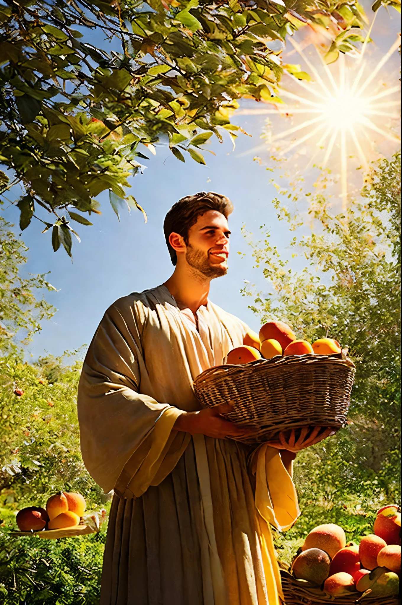 A 25-year-old religious man, wearing a rustic, fragile-looking tunic, with his arms extended to the sky, offers a rustic basket of fruits in gratitude. The sun shines on him, illuminating his face, he is in a garden