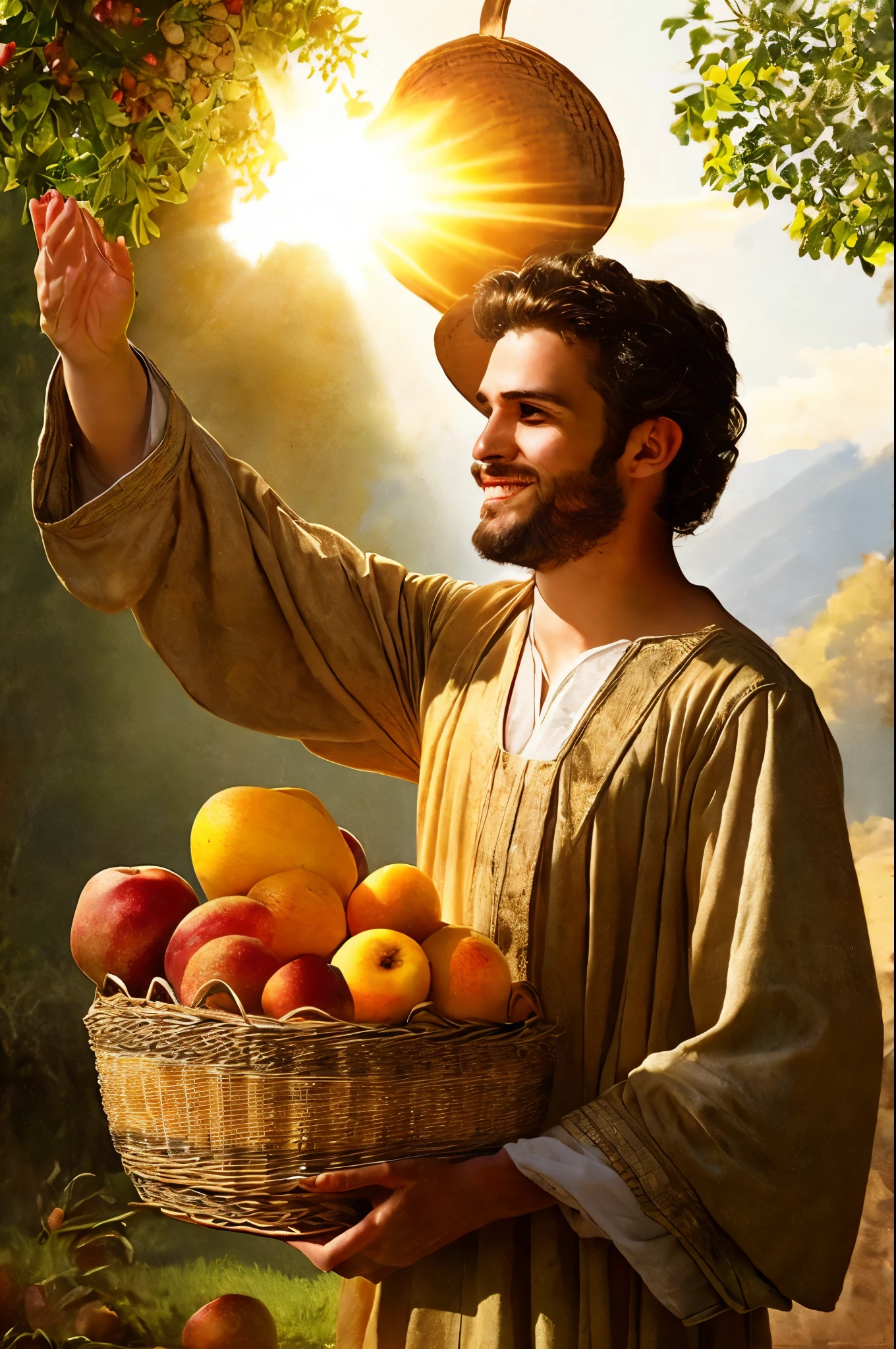 A 25-year-old religious man, wearing a rustic, fragile-looking tunic, with his arms extended to the sky, offers a rustic basket of fruits in gratitude. The sun shines on him, illuminating his face, he is in a garden