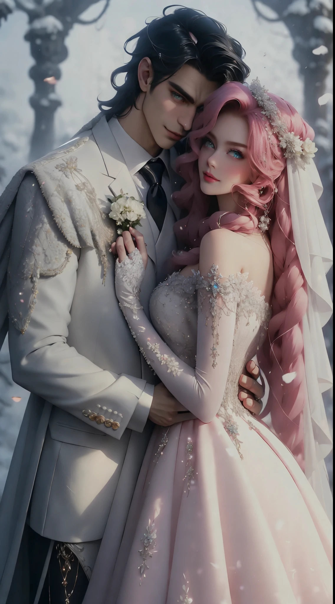 1 beautiful woman , 1 handsome man , dress, red  hair lady with pink lips and green eyes ,black hair man with blue eyes, wedding dress, jacket, hetero, necktie, couple, smile, strapless dress, closed eyes, pants, strapless, veil, flower, long hair, holding, jewelry, gloves, shirt, necklace, bouquet, white pants, holding bouquet, white dress, blue eyes, white shirt, open jacket, holding hands, elbow gloves, white gloves, white jacket, pink necktie, bridal veil, white background, wedding, husband and wife, long sleeves, long dress, pink flower, floating hair, short hair, standing, open clothes, collarbone, sleeveless (( perfect eyes))(( detailed eyes))