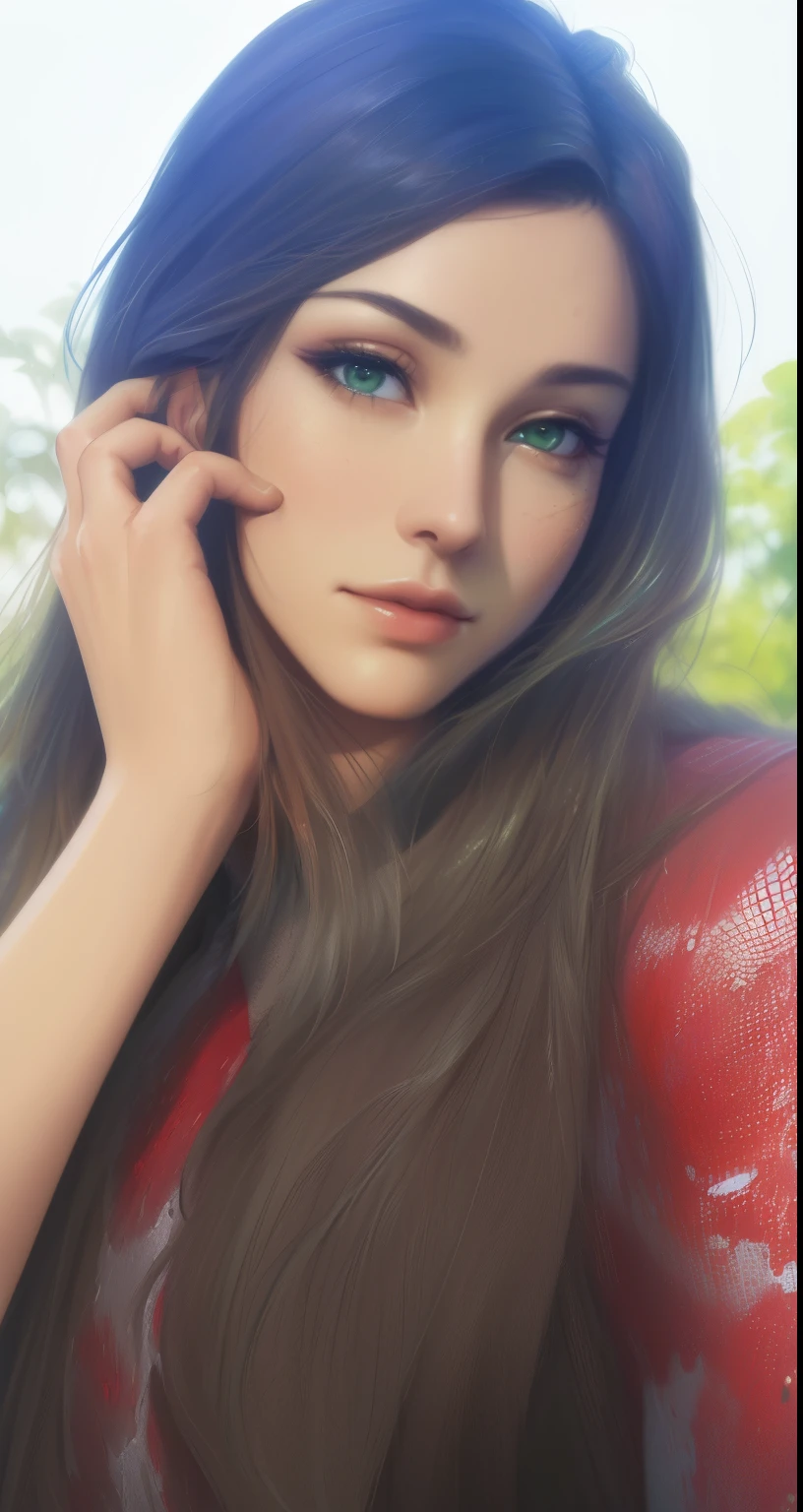 ((Quality: masterpiece, best quality, UHD, anatomically correct, photo realism, textured and detailed skin, skin pores, skin imperfections, textured and detailed hair, volumetric lighting)), inspired by nature, depicting a woman with emerald green eyes, flowing auburn hair, and a connection to the elements.