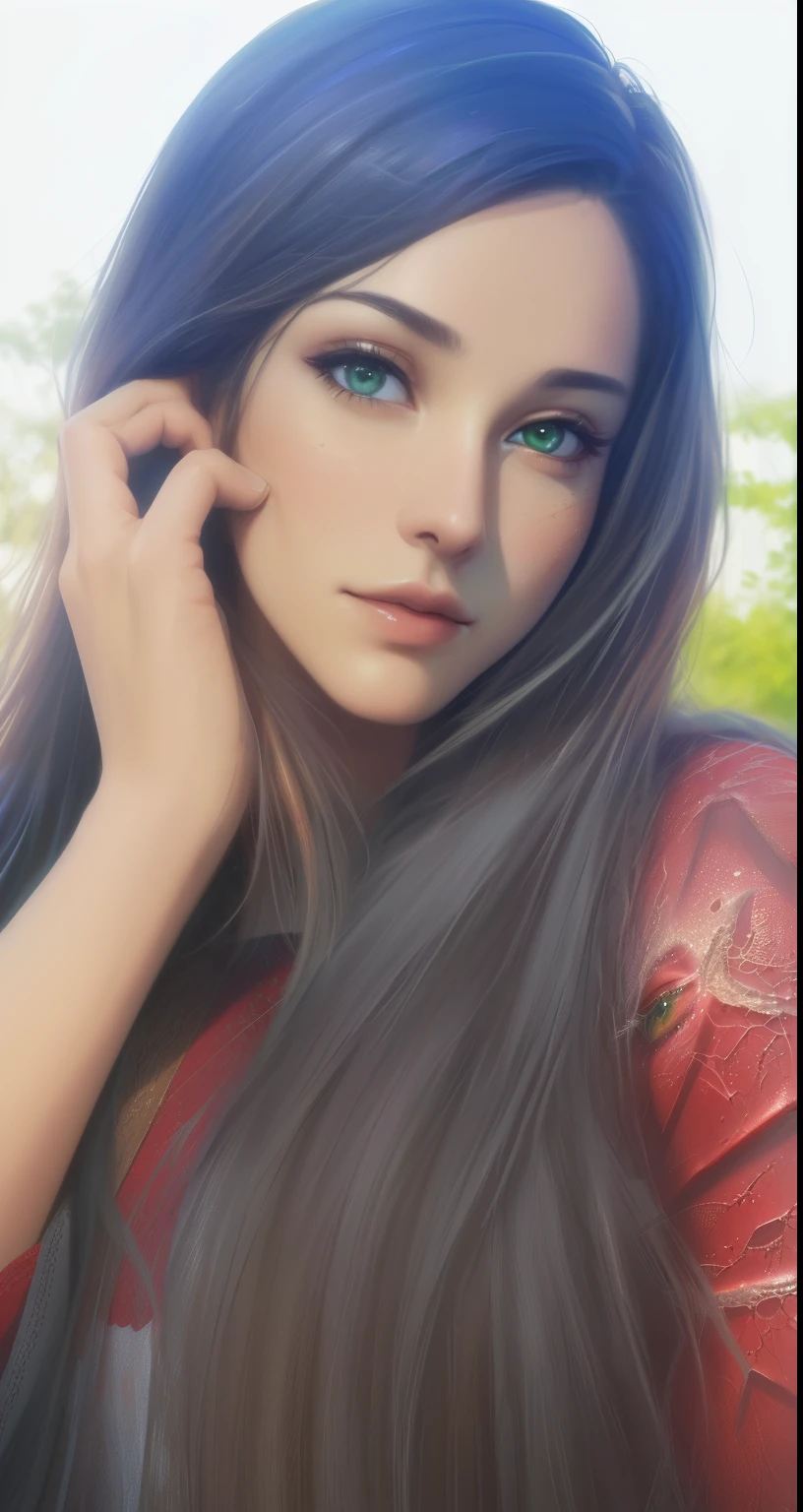 ((Quality: masterpiece, best quality, UHD, anatomically correct, photo realism, textured and detailed skin, skin pores, skin imperfections, textured and detailed hair, volumetric lighting)), inspired by nature, depicting a woman with emerald green eyes, flowing auburn hair, and a connection to the elements.