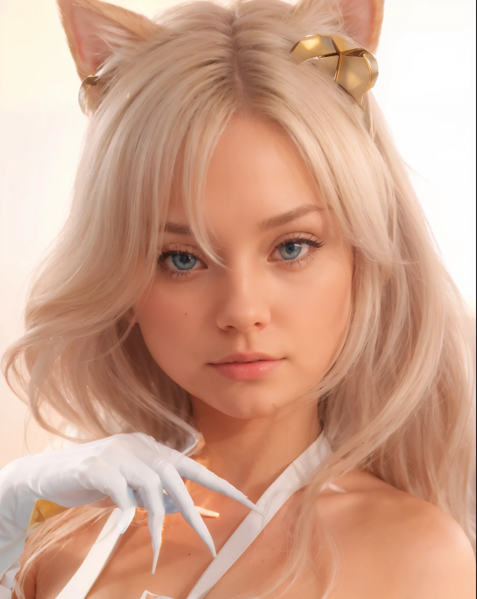blonde hair, blue eyes, cat ears, white gloves with claws, white apron, lights, 4k, natural volumetric lighting and best shadows, deep depth of field, sharp focus, masterpiece, best quality, high quality, highres, amazing lighting, detail enhancement, most beautiful image in the world, 8k resolution, awe inspiring, hd, 4k, masterpiece, highres, absurdres, natural volumetric lighting and best shadows, deep depth of field, sharp focus, detailed hair, realistic