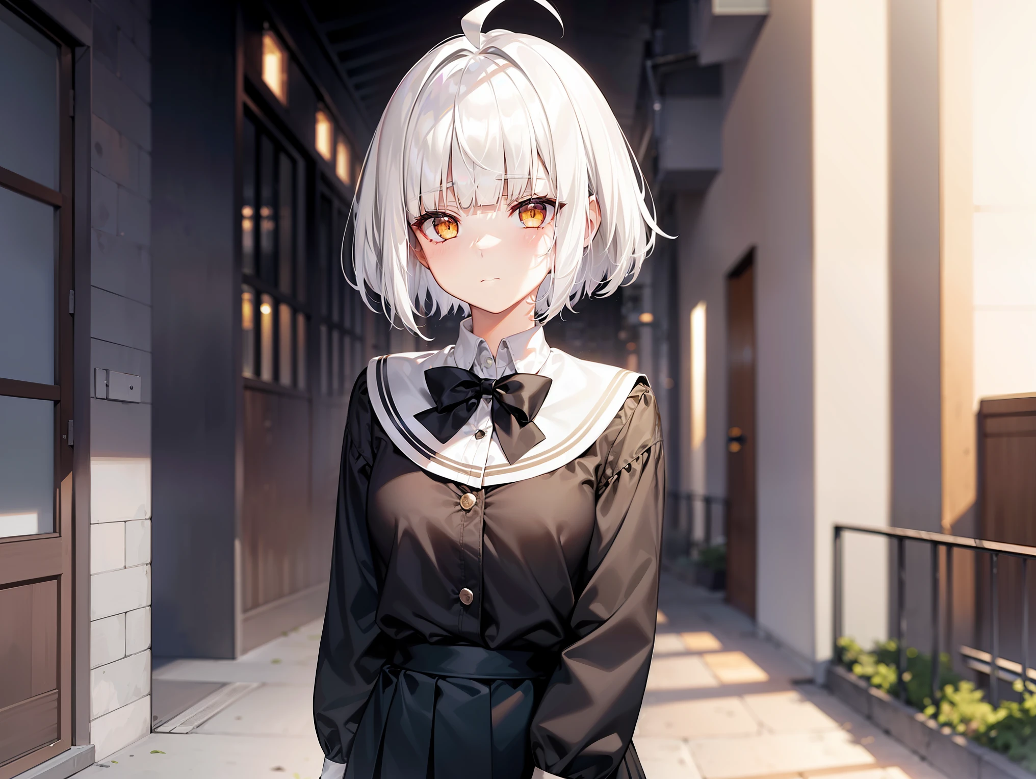 Cimematic vision, nigth, ((1girl)), (ta), ((((short white hair)))), (((blunt bangs))), yellow eyes, ((cabelo emaranhado)), ((((no expression)))), Sonolenta, ((ahoge)), black School uniform, desleixada, ((melhor qualidade)), ((obra de arte)), (detalhado), rosto perfeito, ((style novel)), ((on the school terrace))