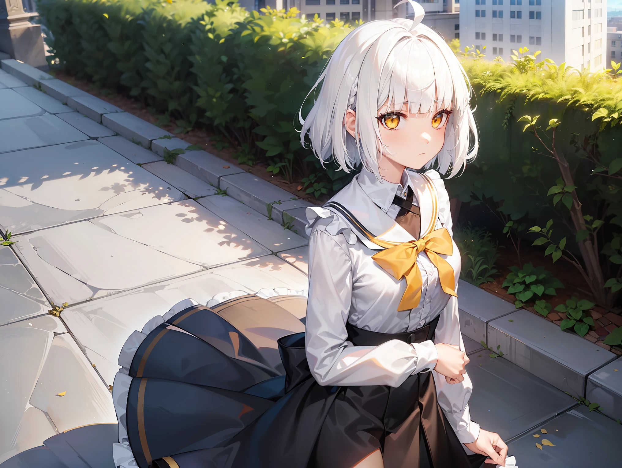 Cimematic vision, nigth, ((1girl)), (lolita), ((((short white hair)))), (((blunt bangs))), yellow eyes, ((cabelo emaranhado)), ((((no expression)))), Sonolenta, ((ahoge)), black School uniform, desleixada, ((melhor qualidade)), ((obra de arte)), (detalhado), rosto perfeito, ((style novel)), ((on the school terrace))