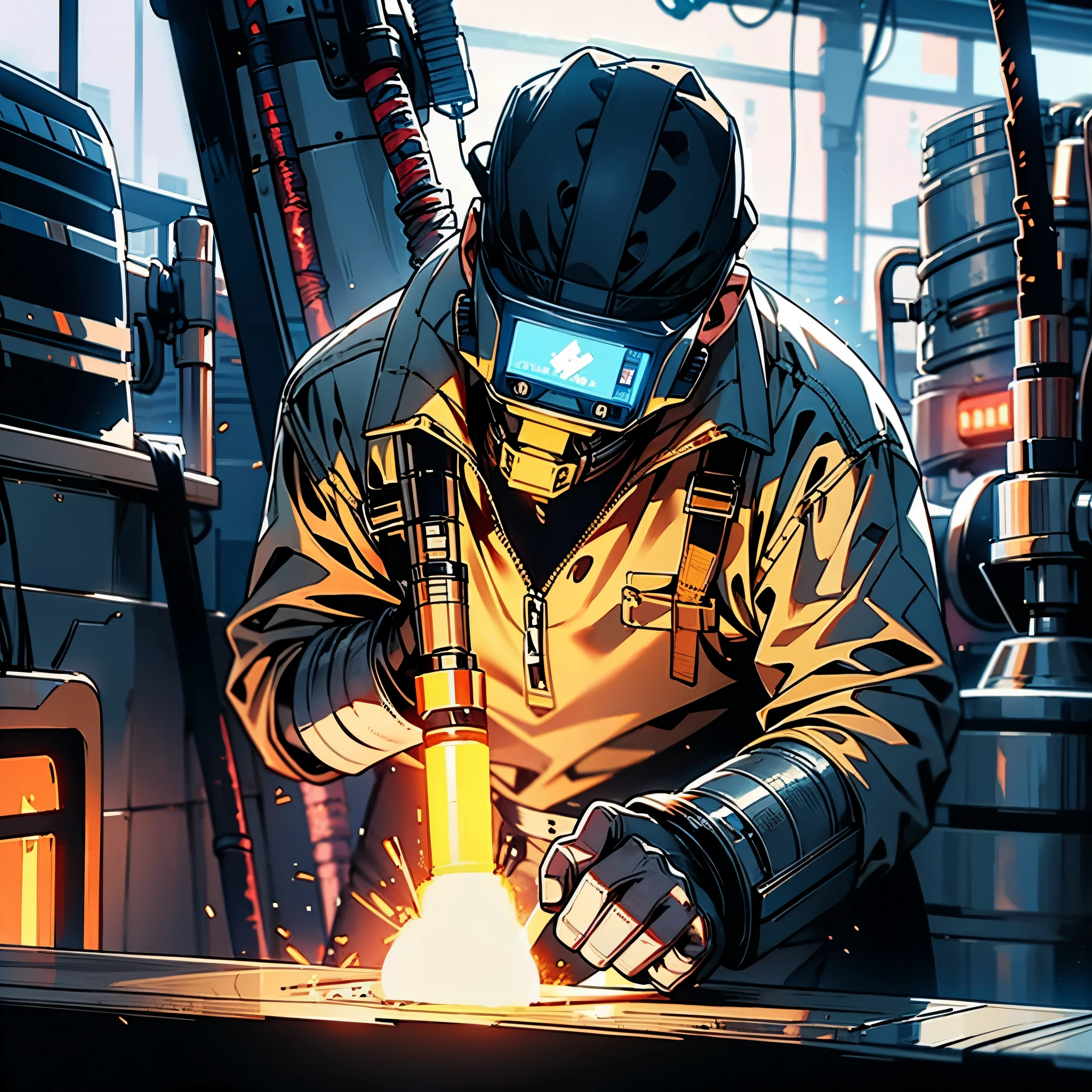 A welder holding a welding torch and covering the welding surface of an LCD is welding in a factory.