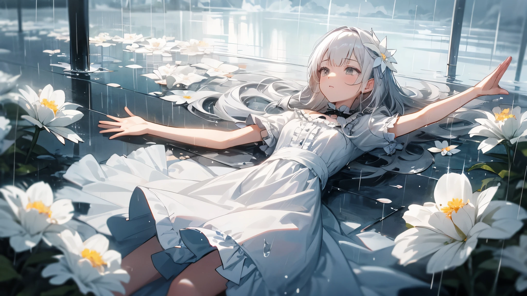 1girl, flower, dress, lying, bangs, frills, long hair, white dress, short sleeves, hair ornament, on back, outstretched arm, frilled dress, arm up, white flower, hair flower, grey eyes, white hair, looking away, rain, water, raindrops, raining, cloudy sky, moody lighting