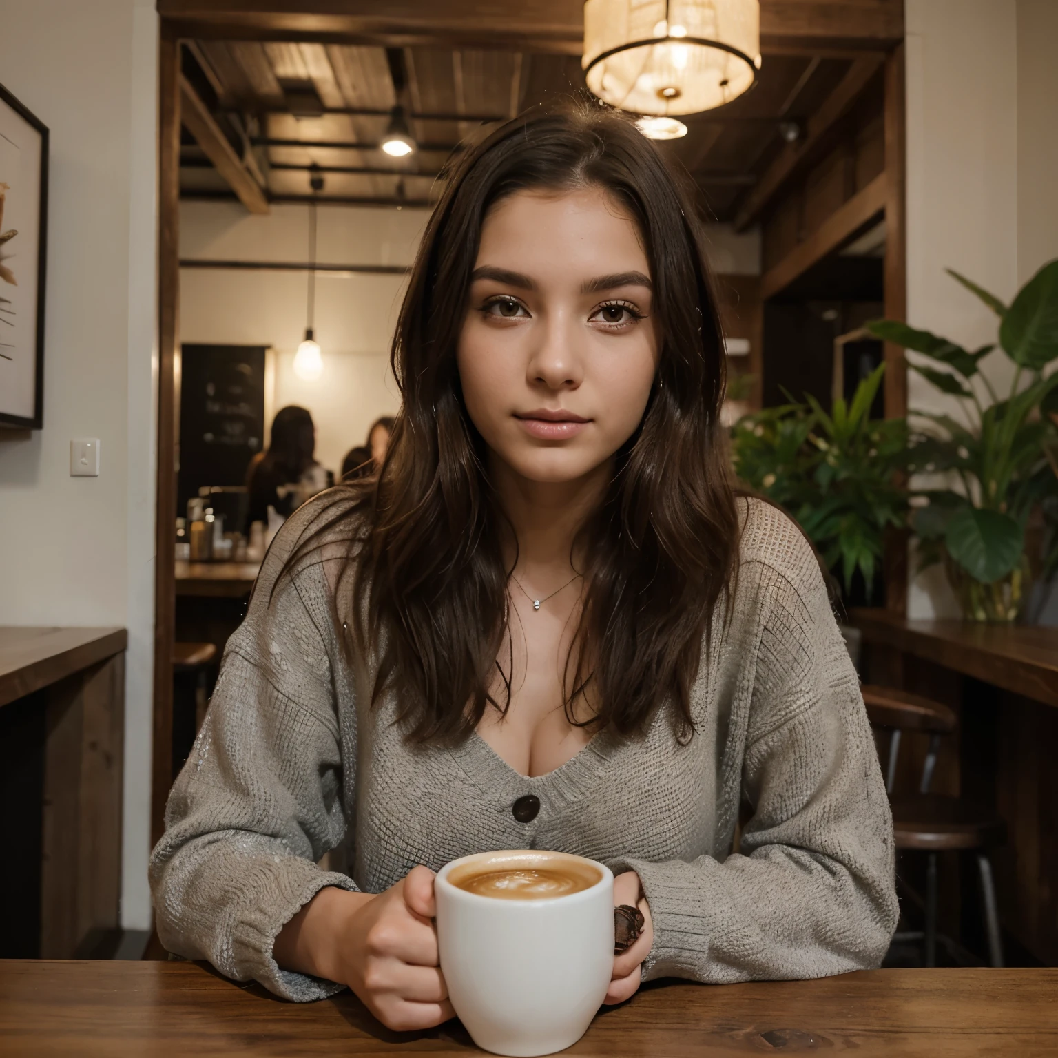 mesa、mais alta qualidade、high resolution、Eleonora Pavinato, 23 anos, Younger head shot, cabelo preto comprido, Pele realista, bela pele refinada, Textura de pele real, Cozy cafe in Shibuya, drinking coffee, traje casual chique, intimate environment, foto de retrato