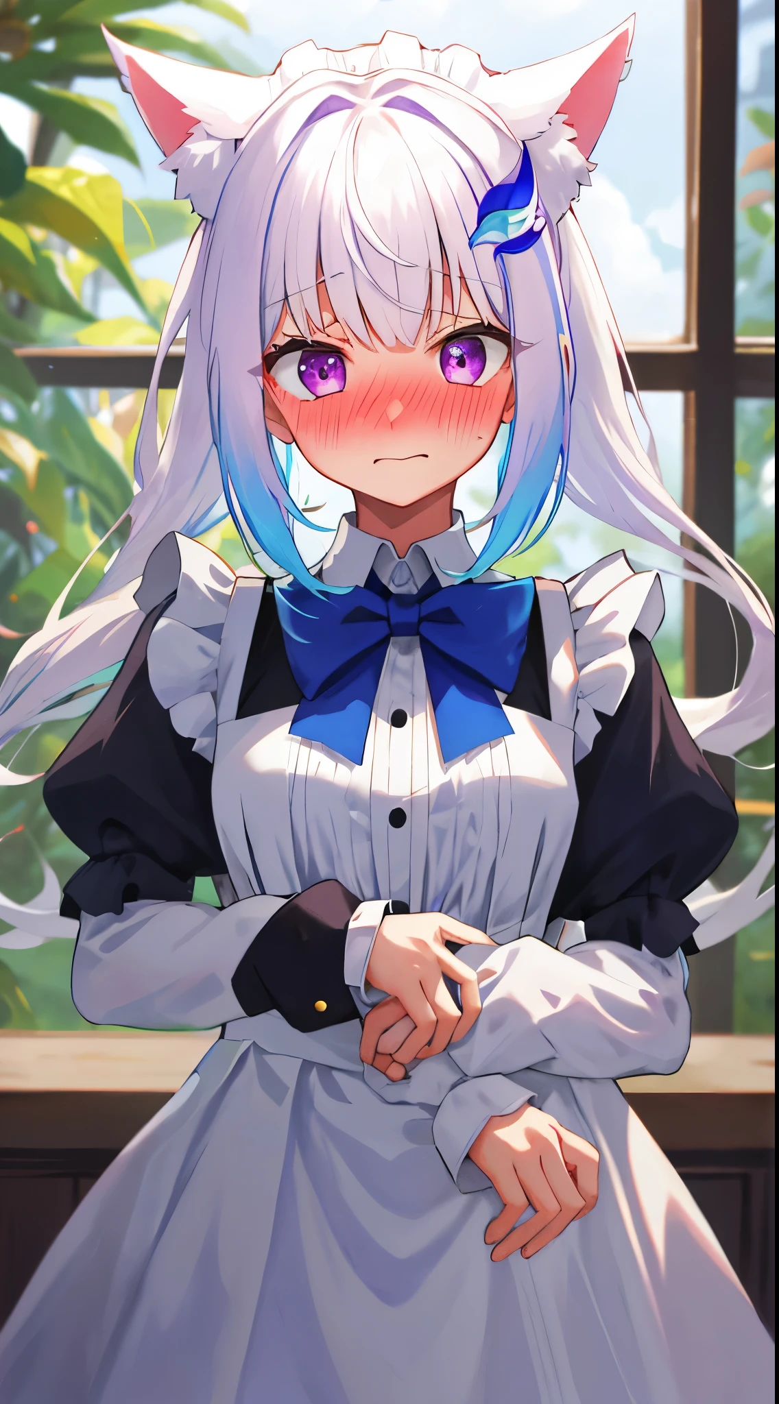 One girl with low pigtail, blunt bangs, white hair, blue inner hair:1.25) , purple eyes, looking at viewer, blushing, (embarrassed:1.5), black maid dress, white bowtie, white cat ears, maid head accessories, puffy long sleeves day, depth of field, indoor, window, standing, dizzy, mid-chest, depth of field, hair ornament, medium breasts, upper body, focus, blurry background